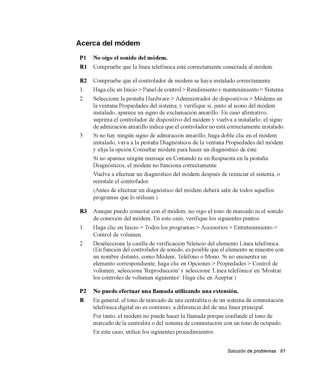 Samsung NV25NH0S1B/SES, NV25NH0VHX/SES, NV25CH0342/SES, NV25NH2CB7/SES manual Acerca del módem, P1 No oigo el sonido del módem 