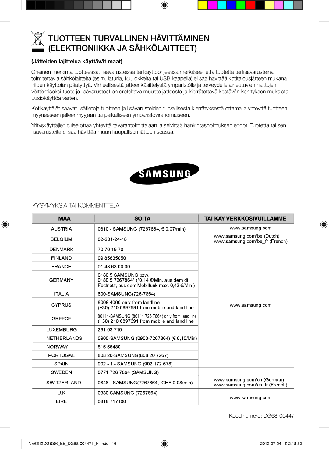 Samsung NV6312EGSWQ/EE, NV6312DGSSR/EE, NV6312EGSBB/EE manual Jätteiden lajittelua käyttävät maat, Koodinumero DG68-00447T 