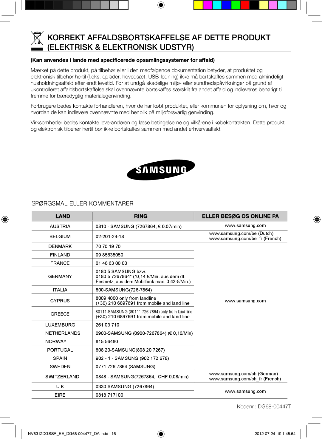 Samsung NV6312EGSBB/EE, NV6312DGSSR/EE, NV6312EGSWQ/EE manual Kodenr. DG68-00447T 