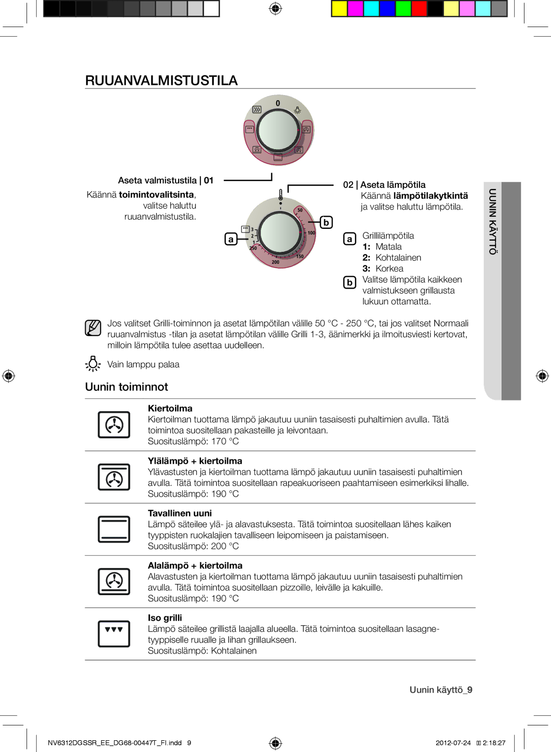 Samsung NV6312DGSSR/EE, NV6312EGSWQ/EE, NV6312EGSBB/EE manual Ruuanvalmistustila, Uunin toiminnot 