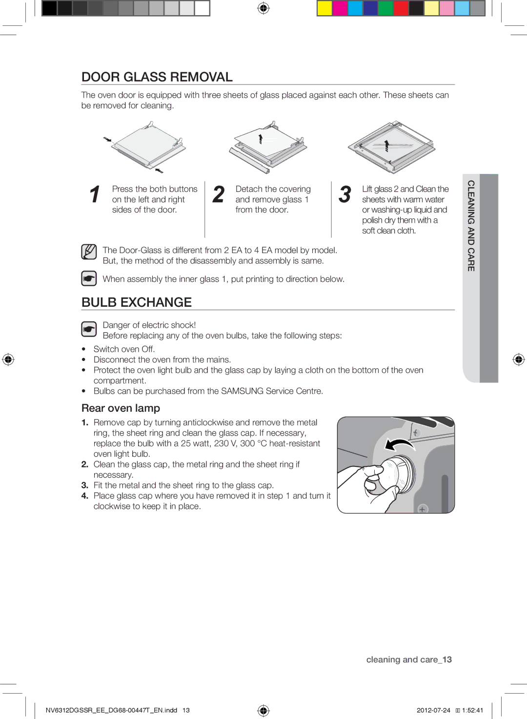 Samsung NV6312EGSWQ/EE, NV6312DGSSR/EE, NV6312EGSBB/EE manual Door Glass Removal, Bulb Exchange, Rear oven lamp 