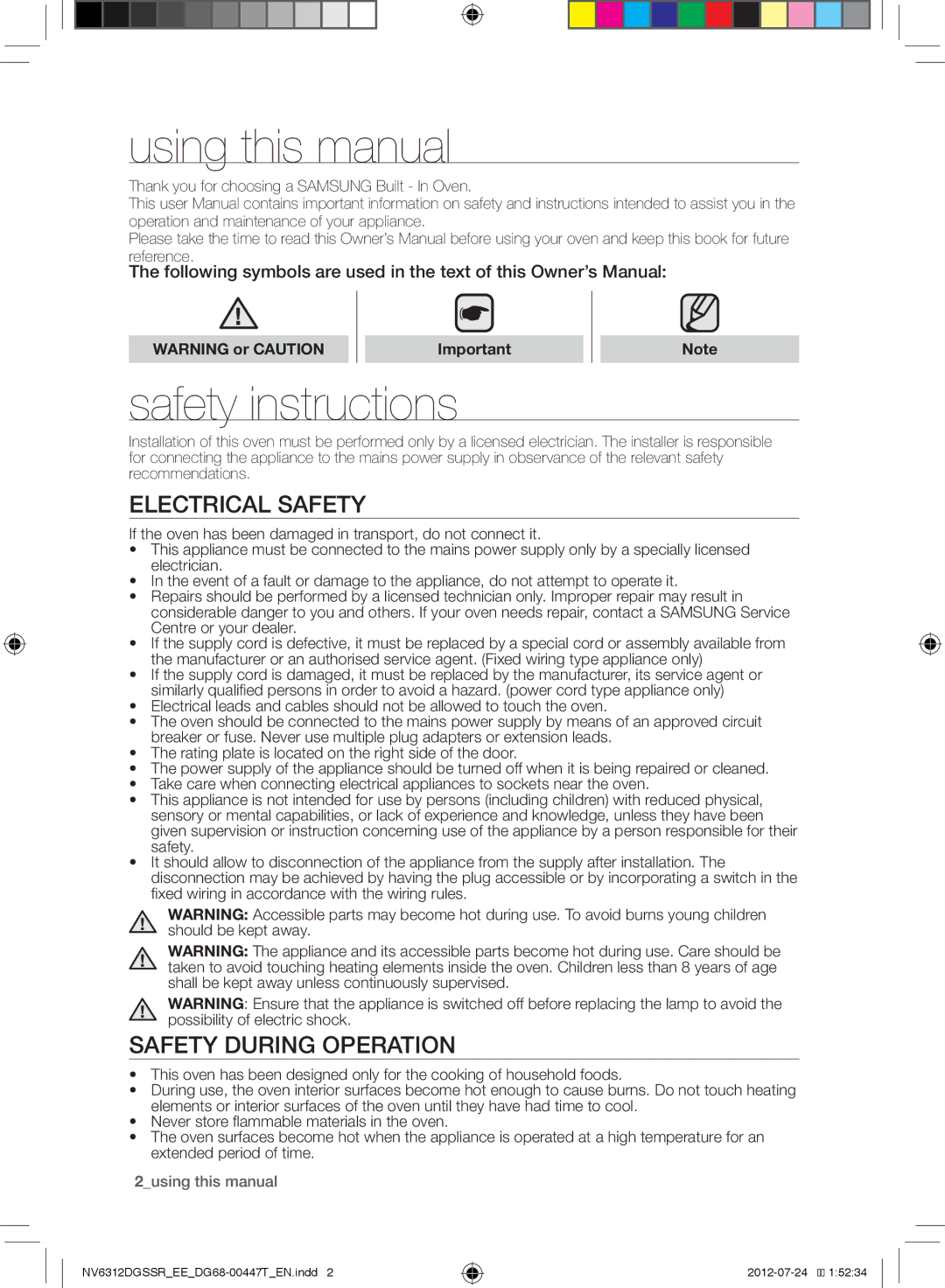 Samsung NV6312EGSBB/EE, NV6312DGSSR/EE Using this manual, Safety instructions, Electrical Safety, Safety During Operation 