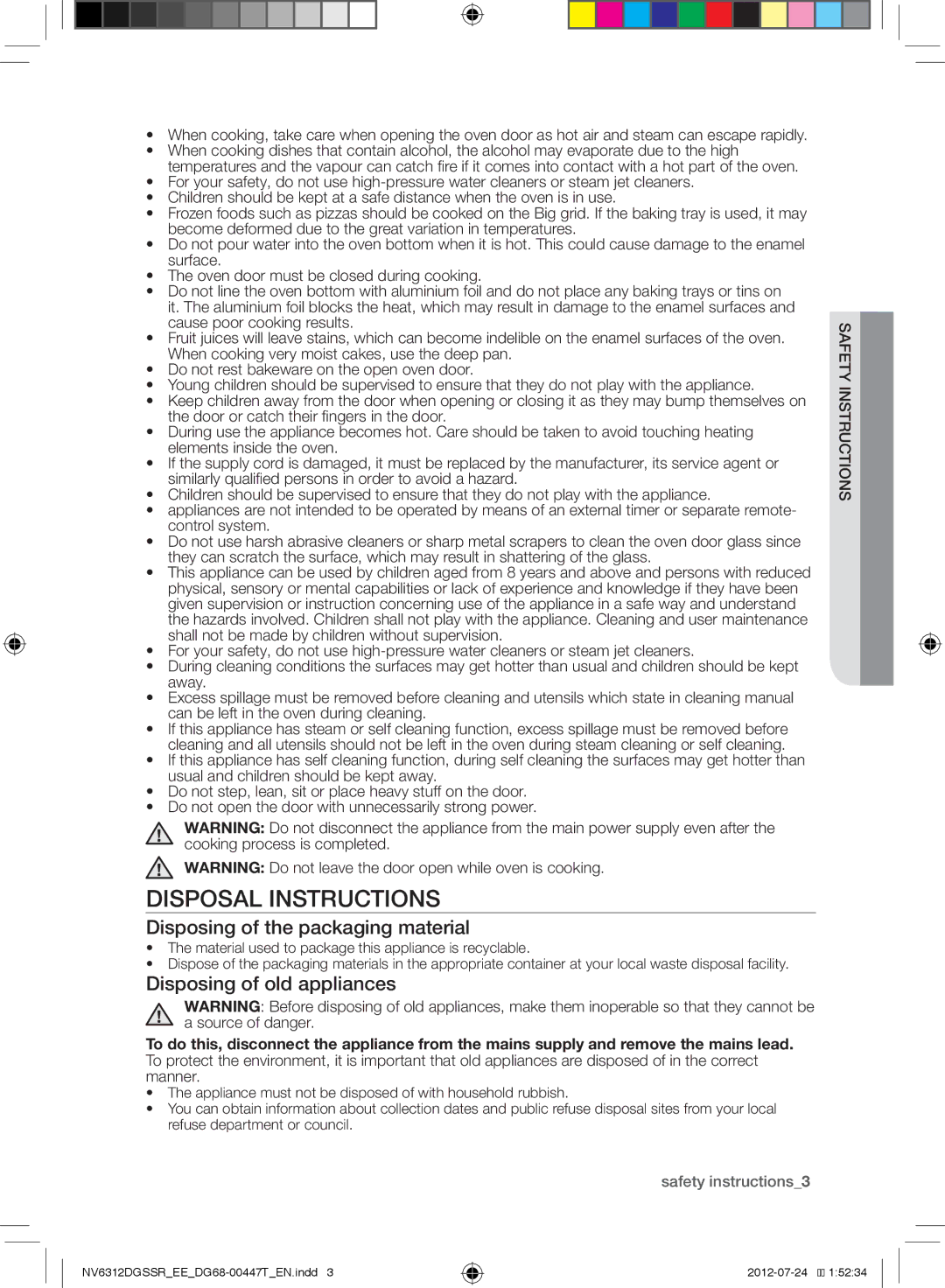 Samsung NV6312DGSSR/EE manual Disposal Instructions, Disposing of the packaging material, Disposing of old appliances 