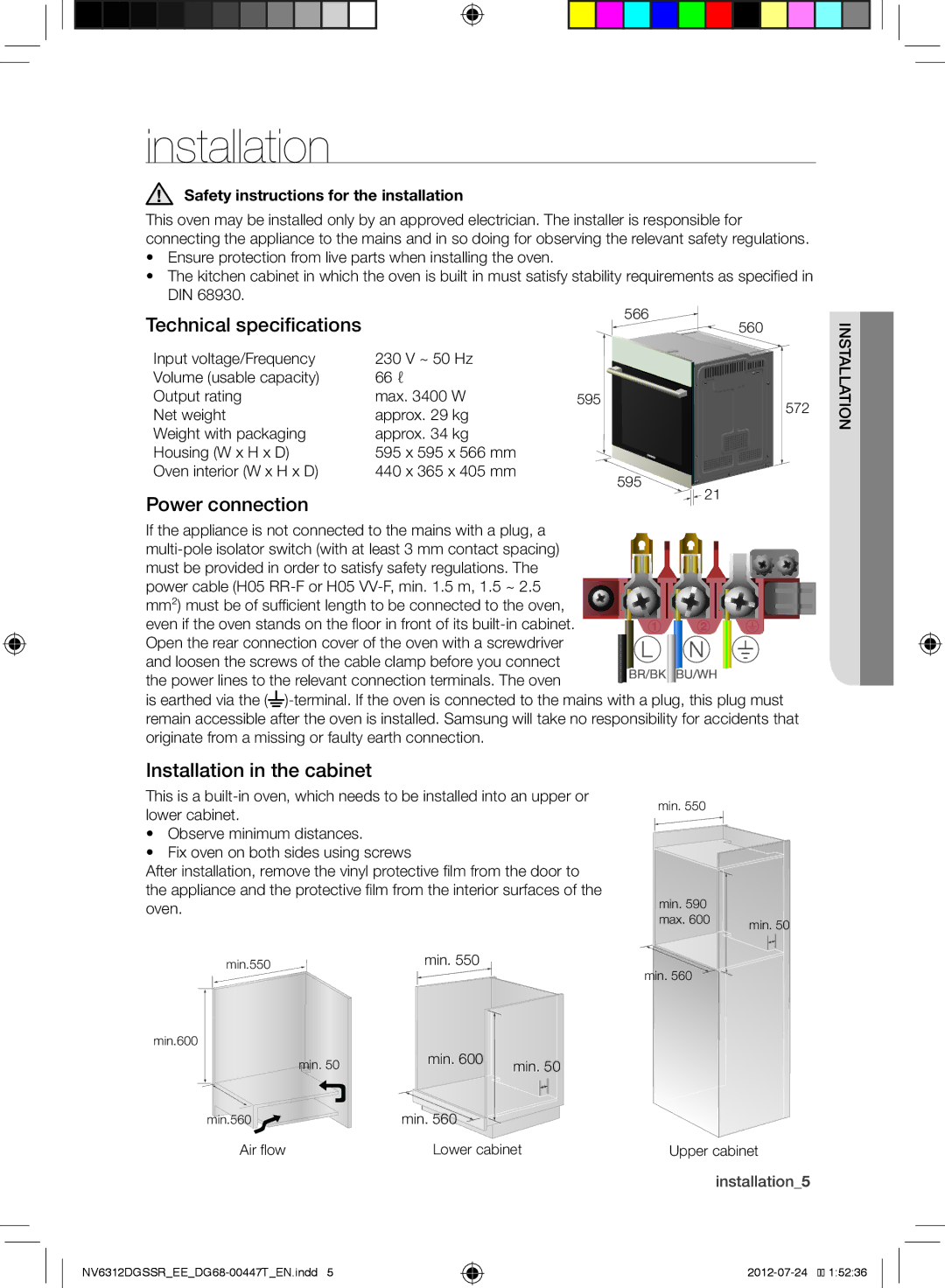 Samsung NV6312EGSBB/EE, NV6312DGSSR/EE manual Technical specifications, Power connection, Installation in the cabinet 