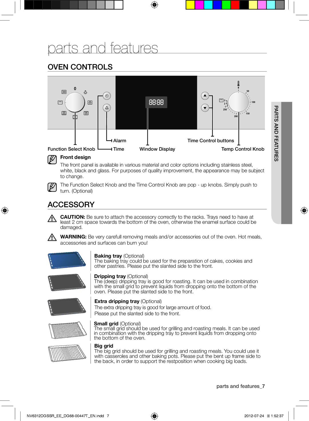 Samsung NV6312EGSWQ/EE, NV6312DGSSR/EE, NV6312EGSBB/EE manual Parts and features, Oven Controls, Accessory 