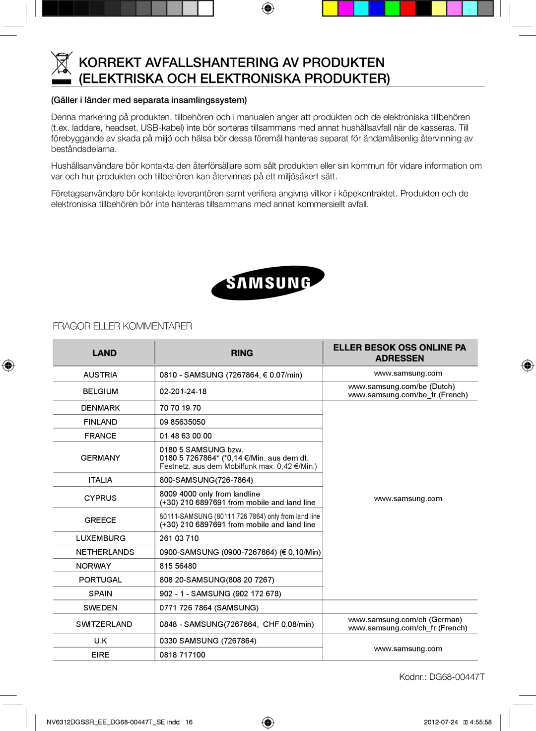 Samsung NV6312EGSWQ/EE, NV6312DGSSR/EE, NV6312EGSBB/EE manual Kodnr. DG68-00447T, Cyprus 