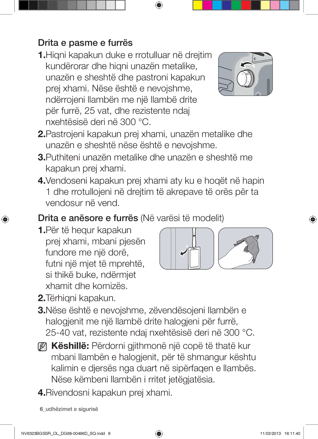 Samsung NV6323BGSSR/OL manual Drita e pasme e furrës, 6udhëzimet e sigurisë 