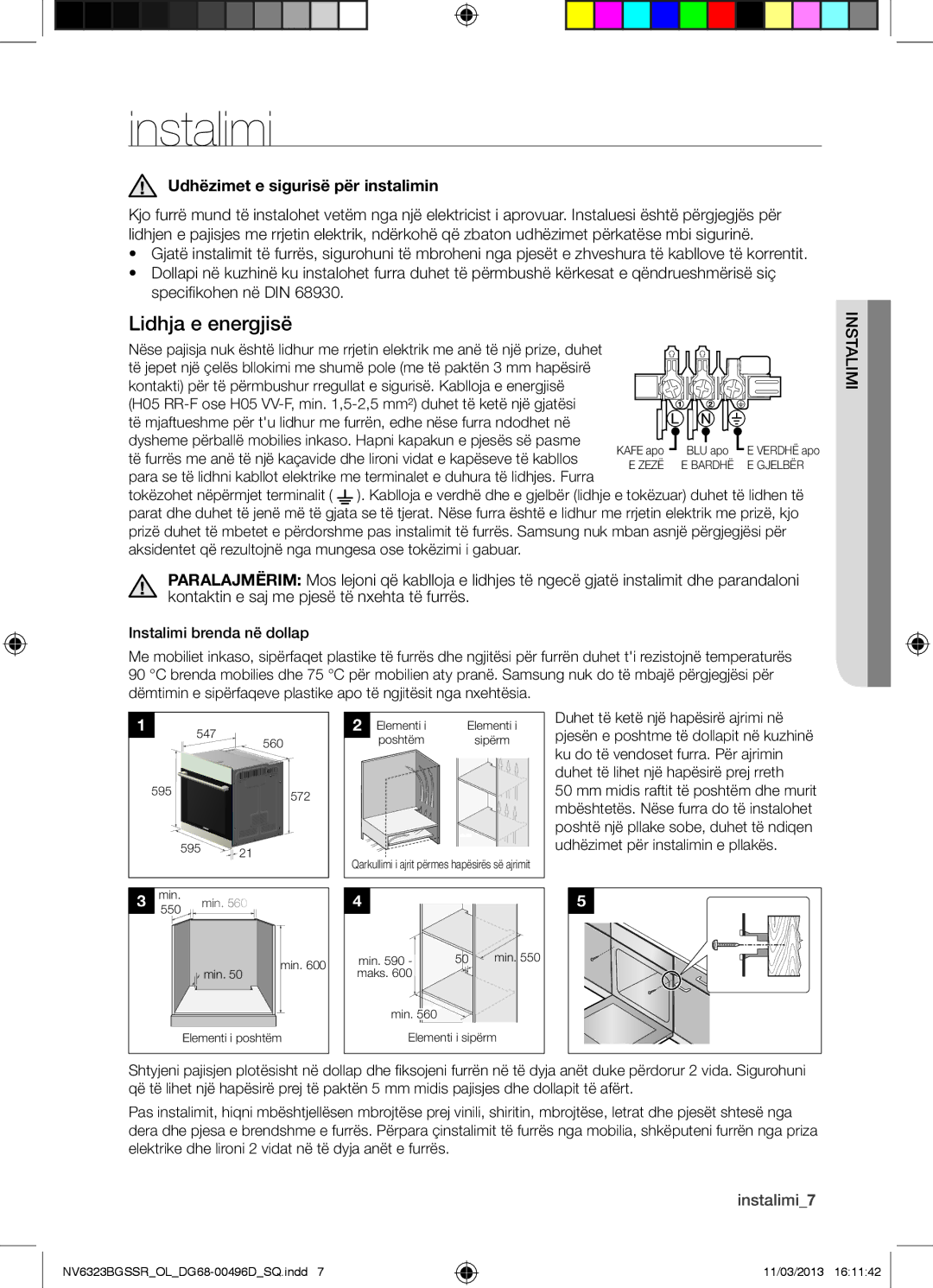 Samsung NV6323BGSSR/OL manual Lidhja e energjisë, Udhëzimet e sigurisë për instalimin, Insimial, Instalimi7 