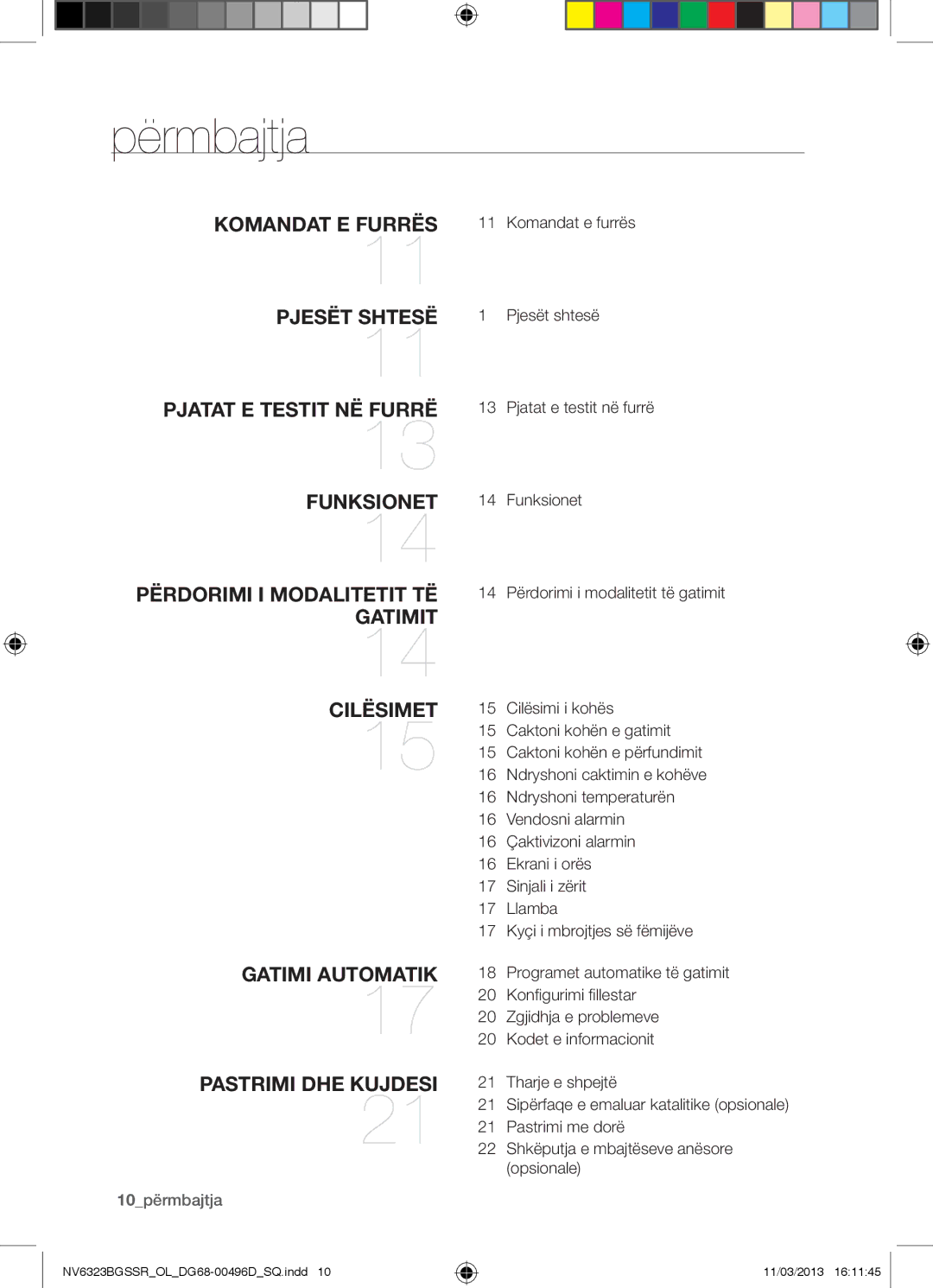 Samsung NV6323BGSSR/OL manual Përmbajtja, 10përmbajtja 