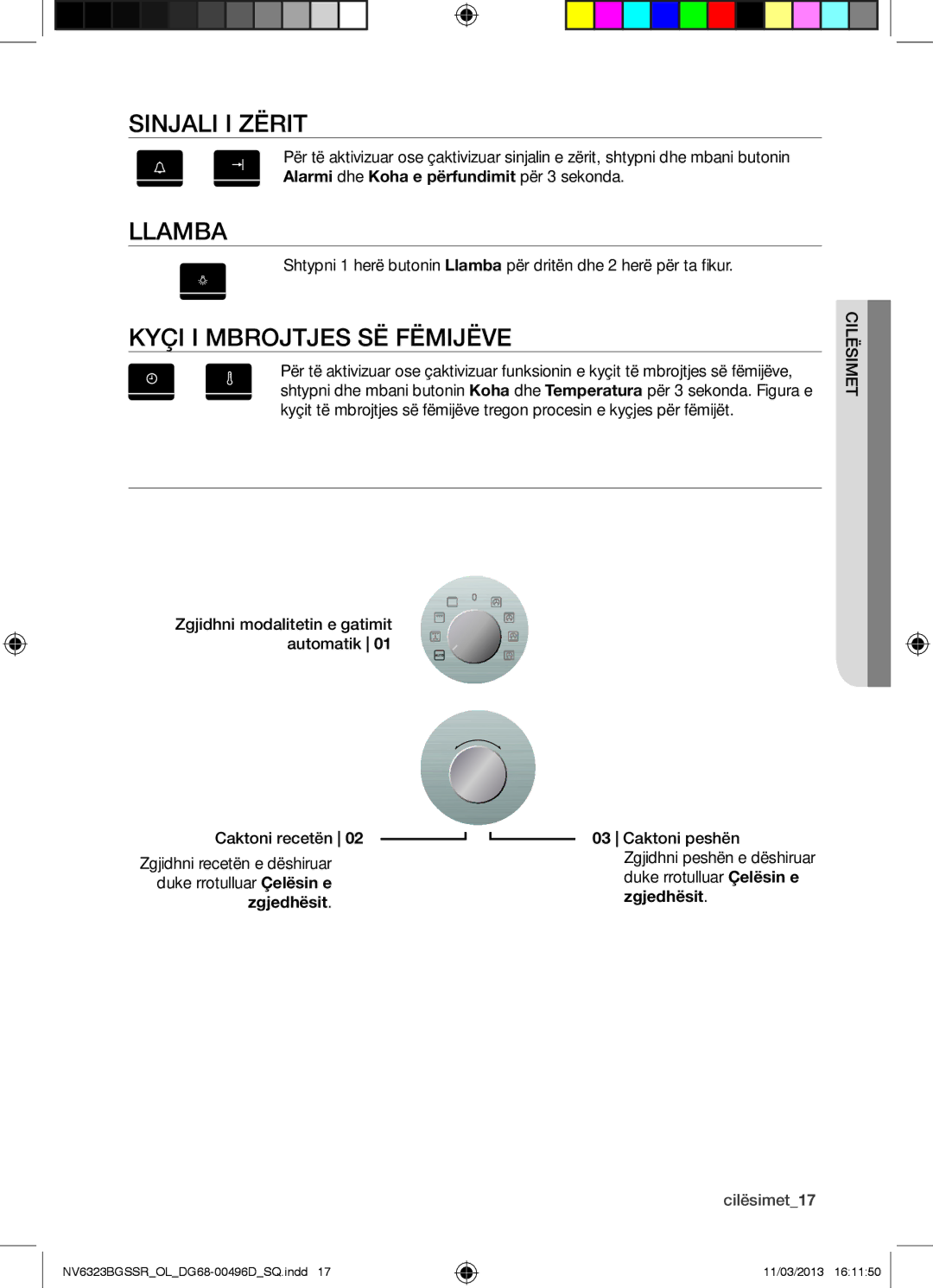 Samsung NV6323BGSSR/OL manual Gatimi automatik, Sinjali I Zërit, Llamba, Kyçi I Mbrojtjes SË Fëmijëve 