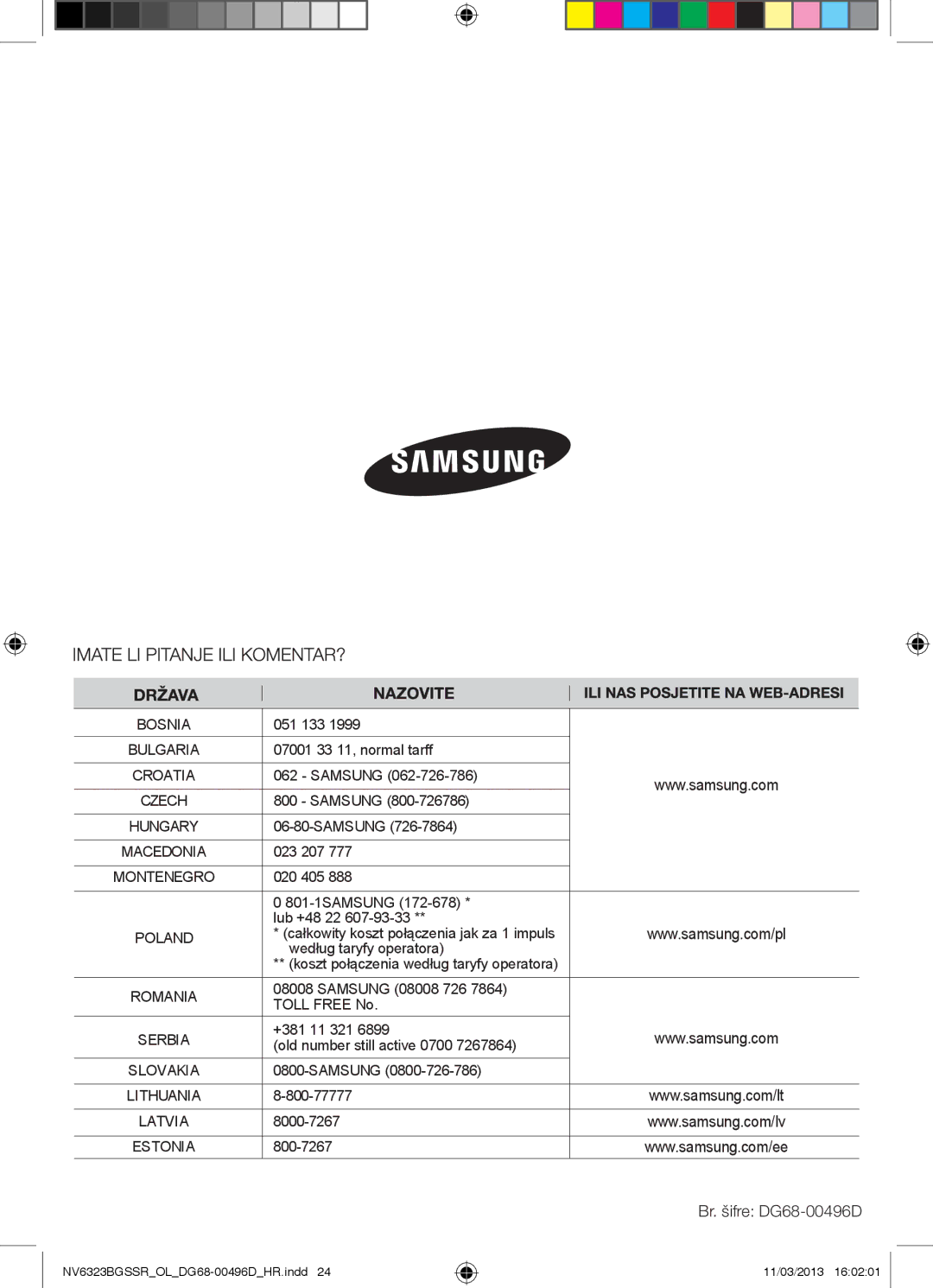 Samsung NV6323BGSSR/OL manual Br. šifre DG68-00496D 