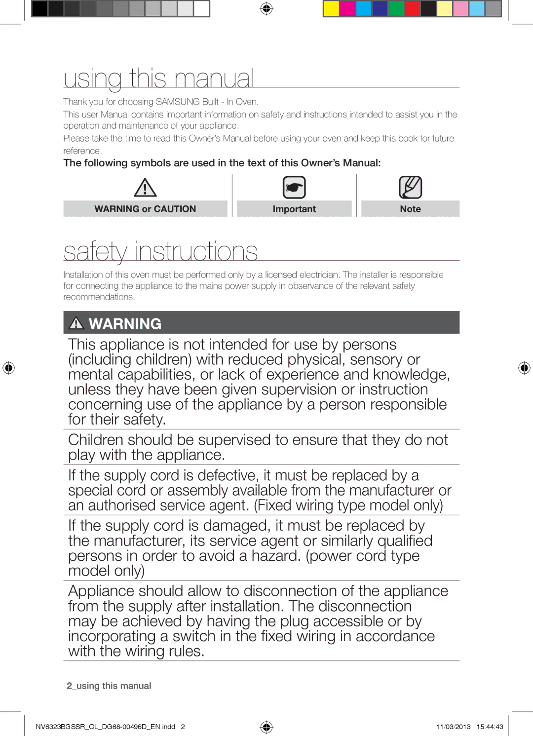 Samsung NV6323BGSSR/OL Using this manual, Safety instructions, Thank you for choosing Samsung Built In Oven 