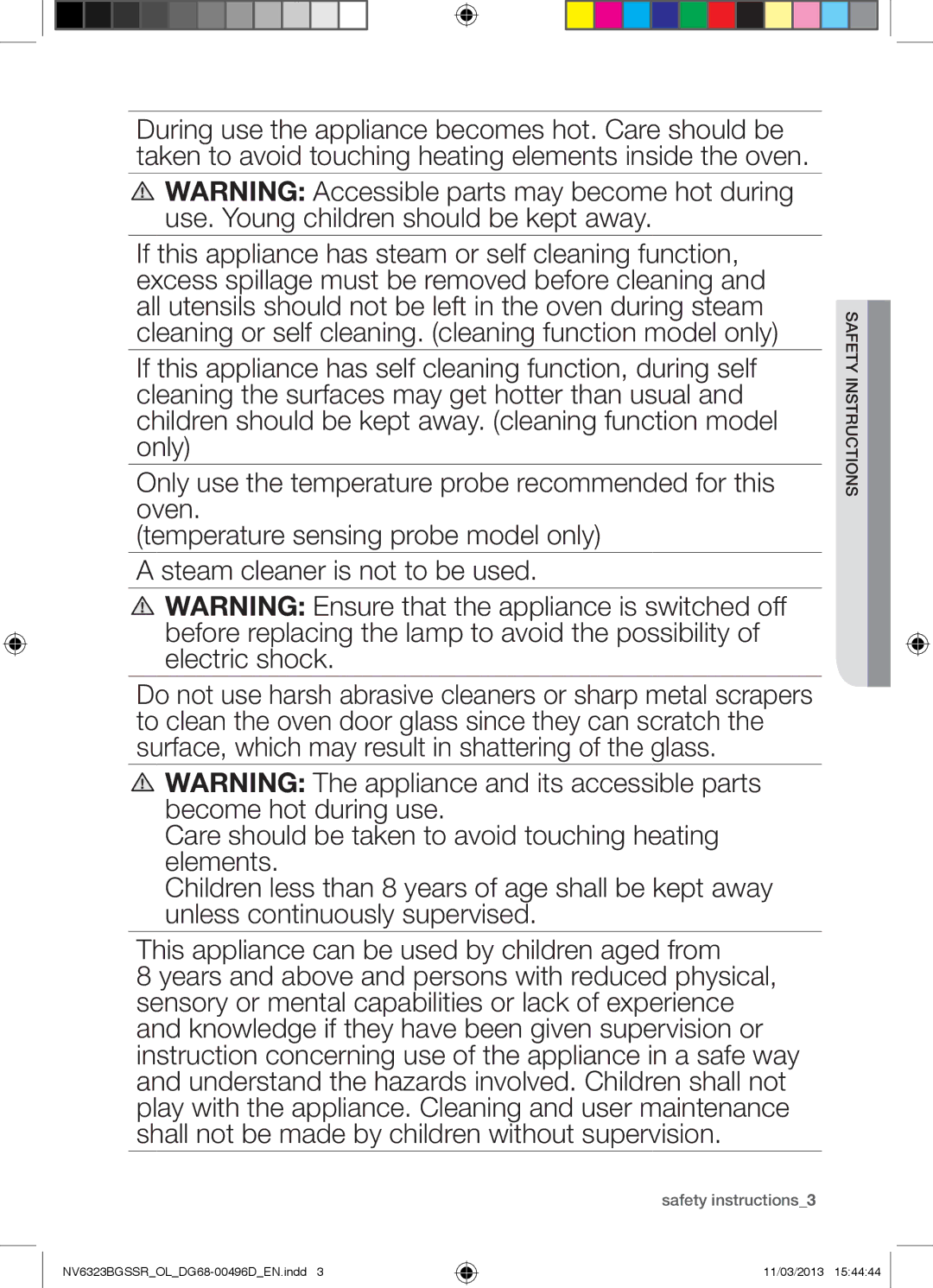 Samsung NV6323BGSSR/OL manual Safety instructions3, Tons ruc ynstti safe 