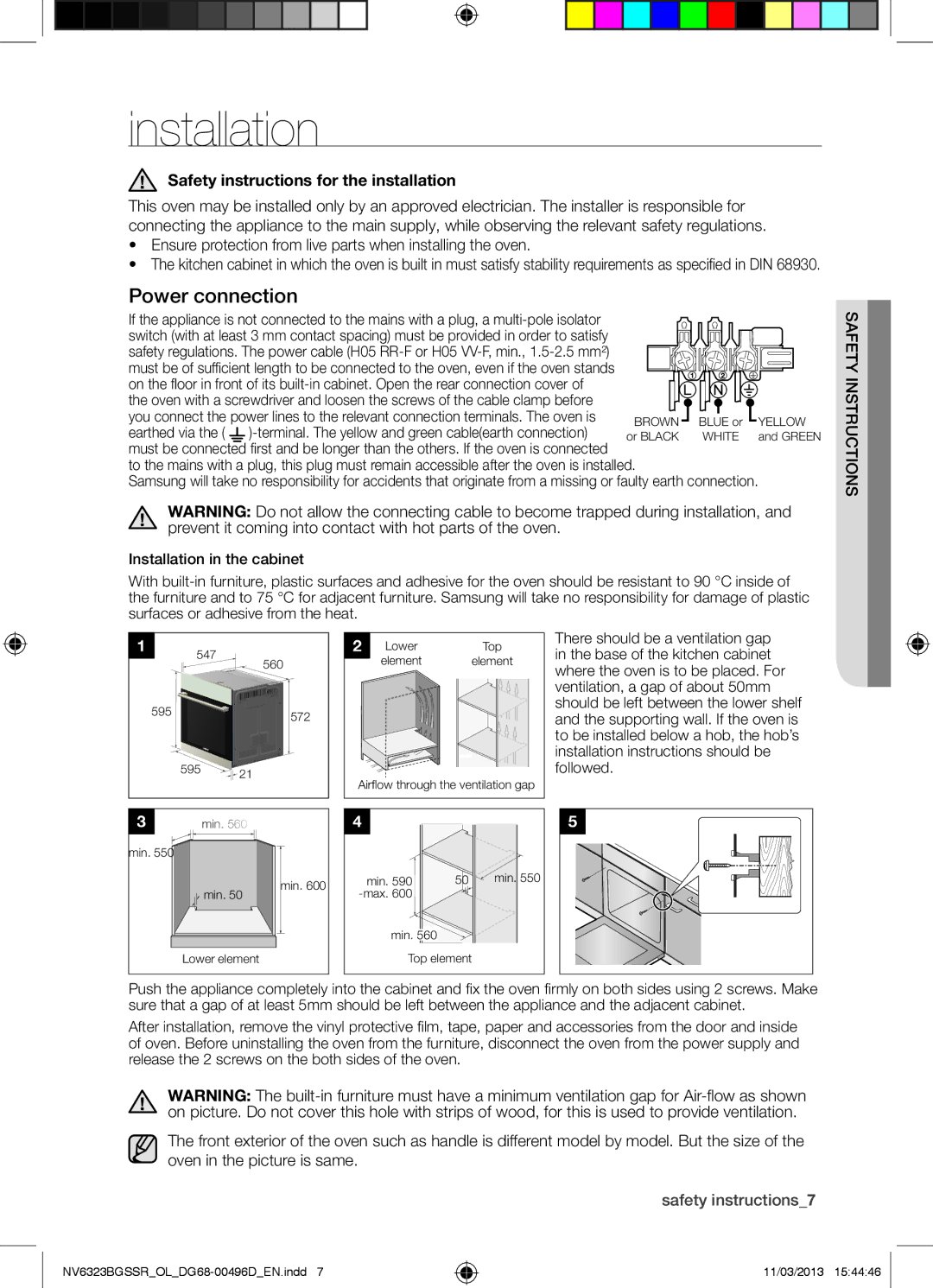 Samsung NV6323BGSSR/OL Installation, Power connection, Safety instructions for the installation, Safety instructions7 