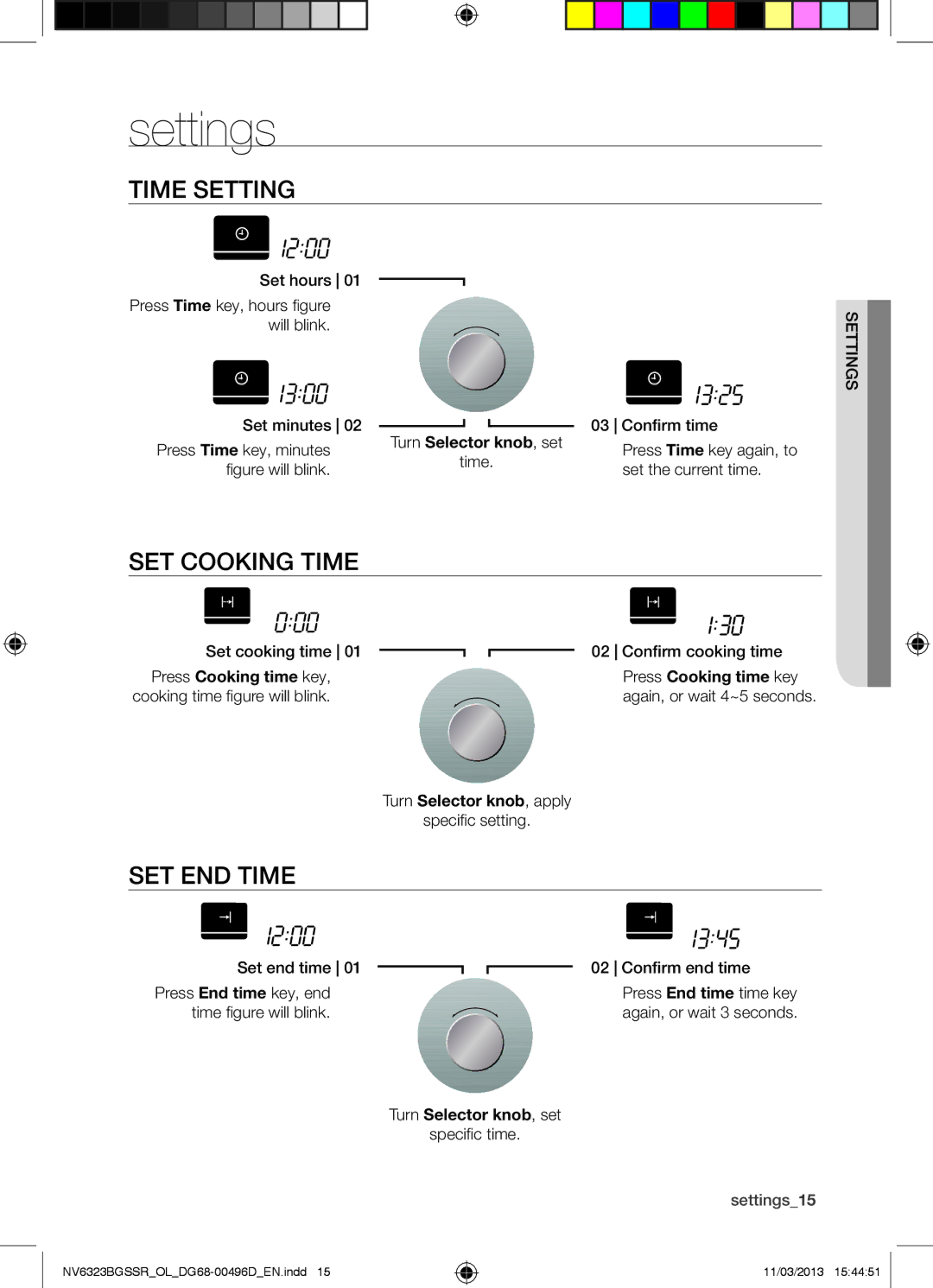 Samsung NV6323BGSSR/OL manual Settings, Time Setting, SET Cooking Time, SET END Time 