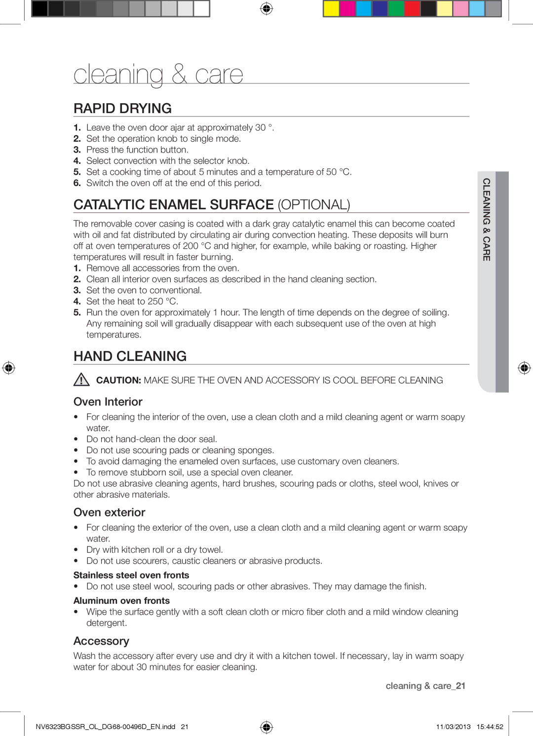 Samsung NV6323BGSSR/OL manual Cleaning & care, Rapid Drying, Catalytic Enamel Surface Optional, Hand Cleaning 