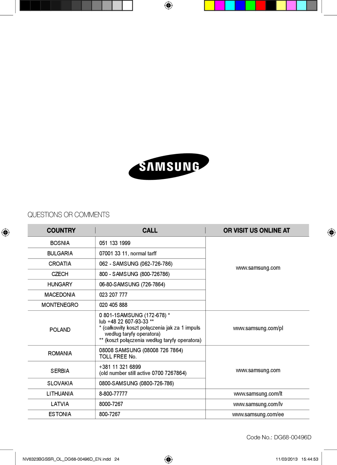 Samsung NV6323BGSSR/OL 07001 33 11, normal tarff, Samsung, 023 207, 020 405 801-1SAMSUNG Lub +48 22, 800-77777, 8000-7267 