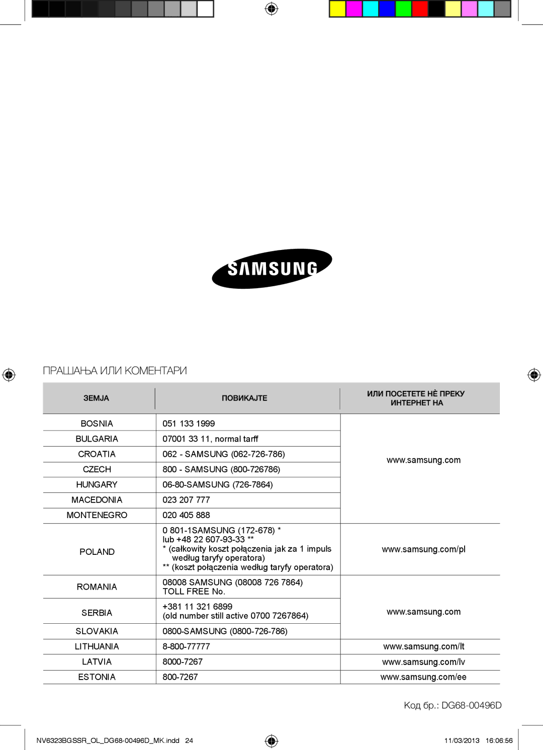 Samsung NV6323BGSSR/OL manual Код бр. DG68-00496D, Bosnia 