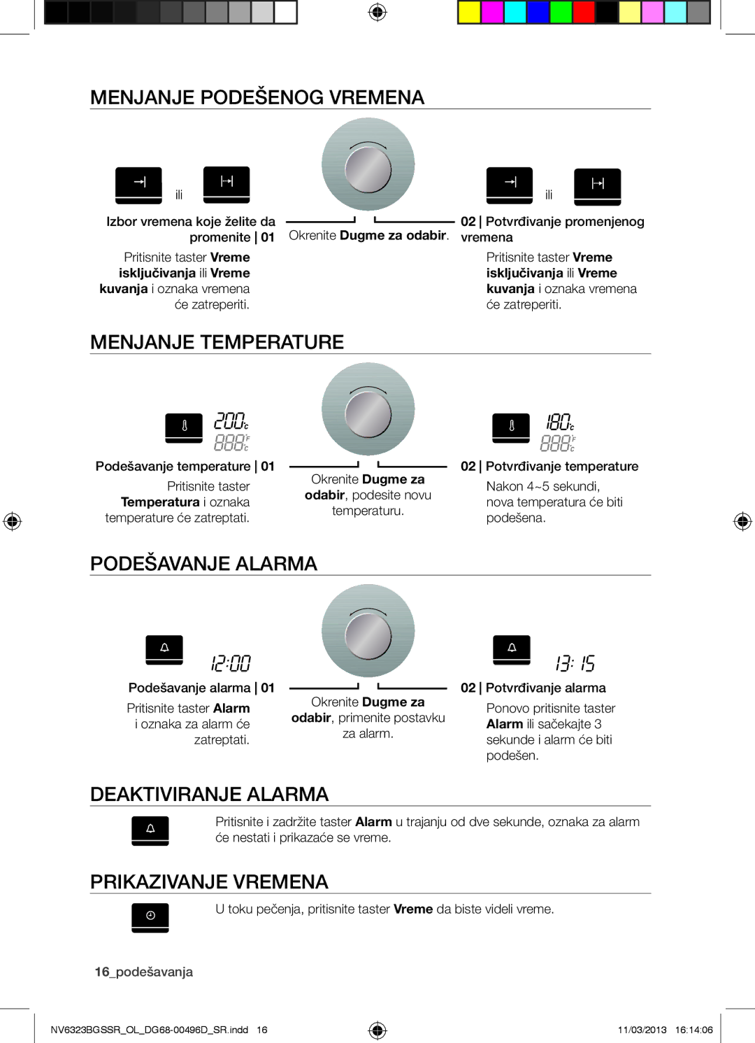 Samsung NV6323BGSSR/OL manual Menjanje Podešenog Vremena, Menjanje Temperature, Podešavanje Alarma, Deaktiviranje Alarma 