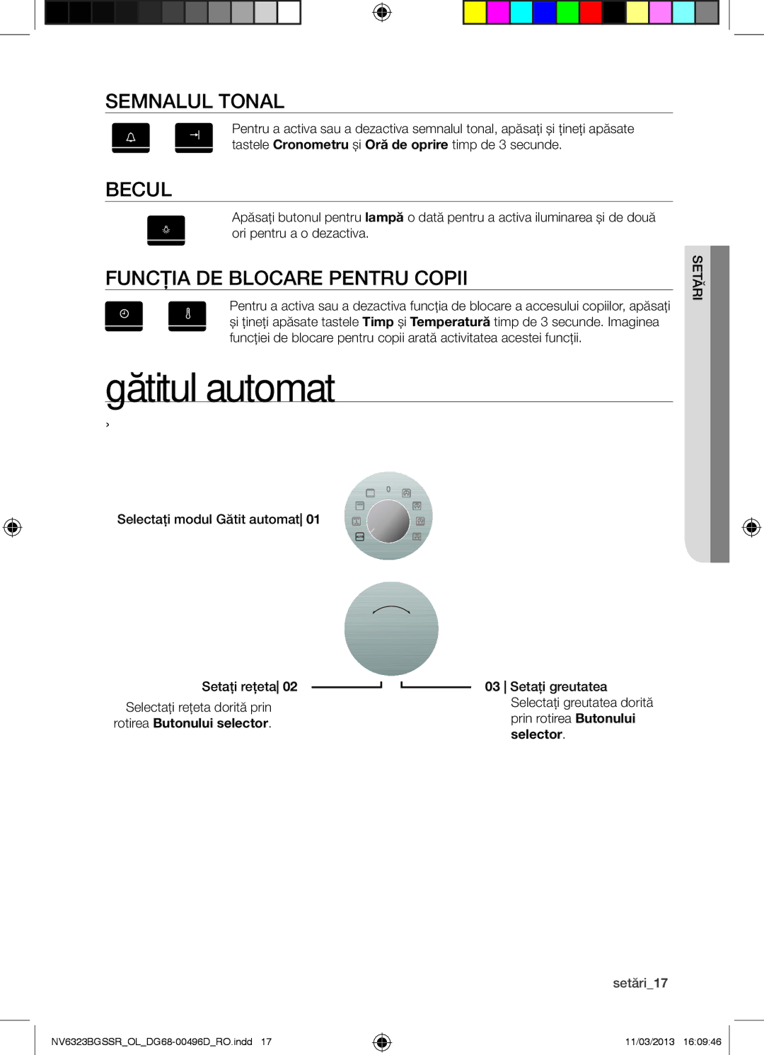 Samsung NV6323BGSSR/OL manual Gătitul automat, Semnalul Tonal, Becul, Funcţia DE Blocare Pentru Copii, Setări17 