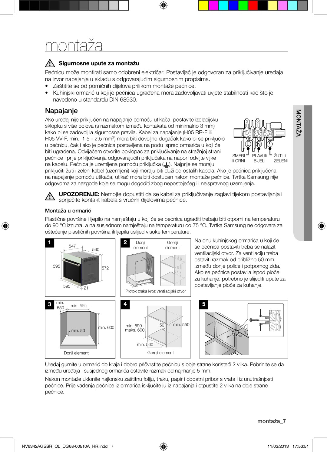 Samsung NV6342AGSSR/OL manual Napajanje, Sigurnosne upute za montažu, No m aža, Montaža7 