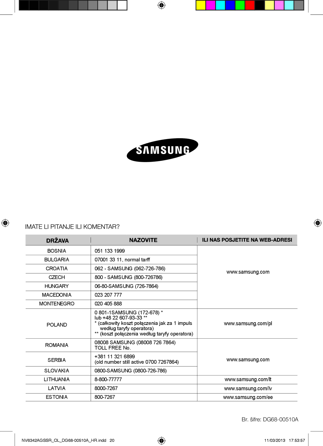 Samsung NV6342AGSSR/OL manual Br. šifre DG68-00510A 