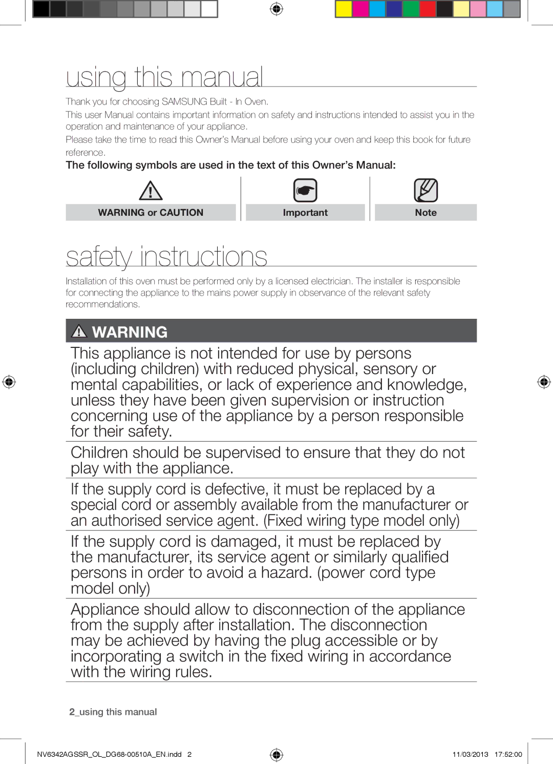 Samsung NV6342AGSSR/OL Using this manual, Safety instructions, Thank you for choosing Samsung Built In Oven 