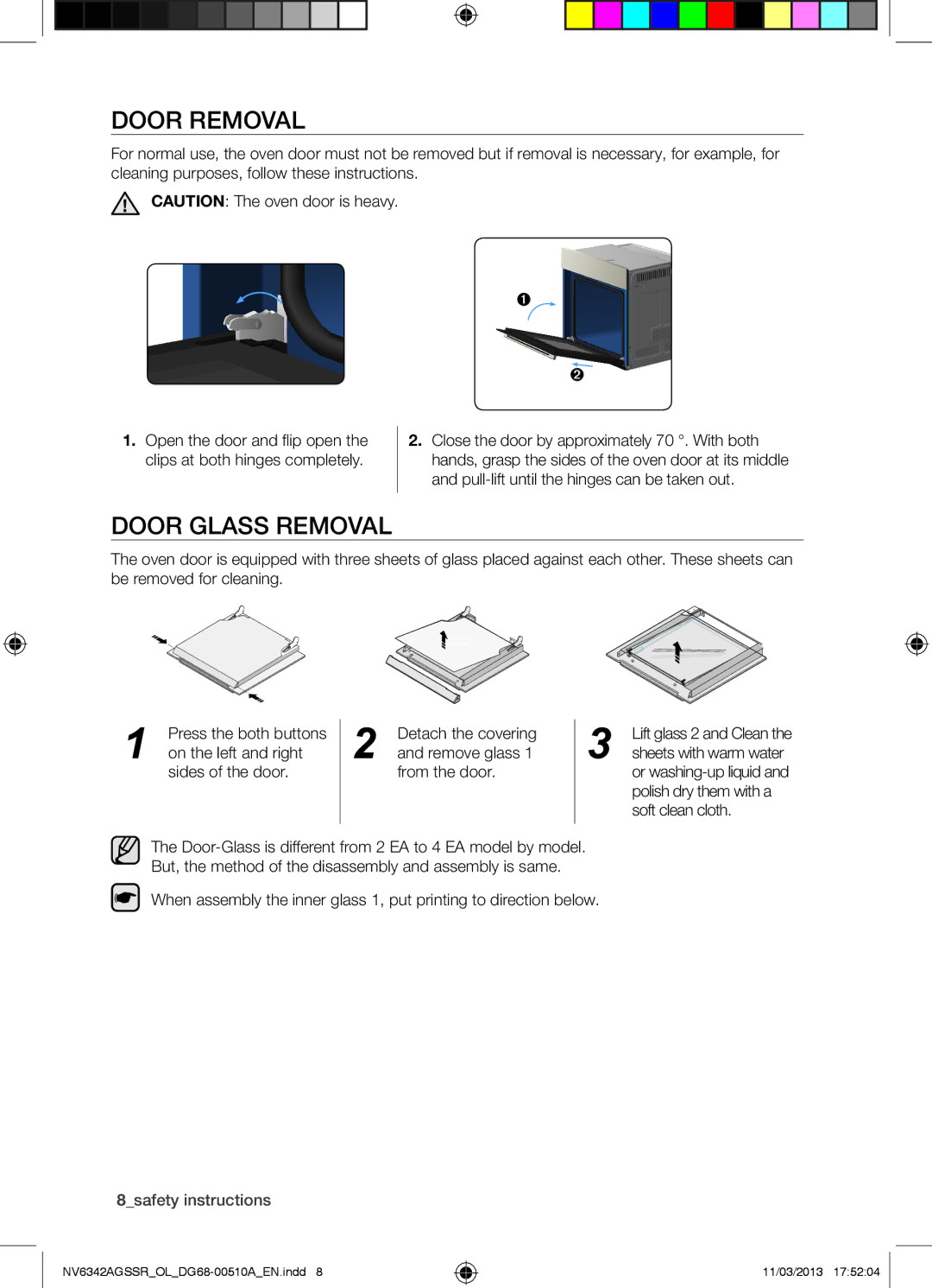 Samsung NV6342AGSSR/OL manual Door Removal, Door Glass Removal, 8safety instructions 