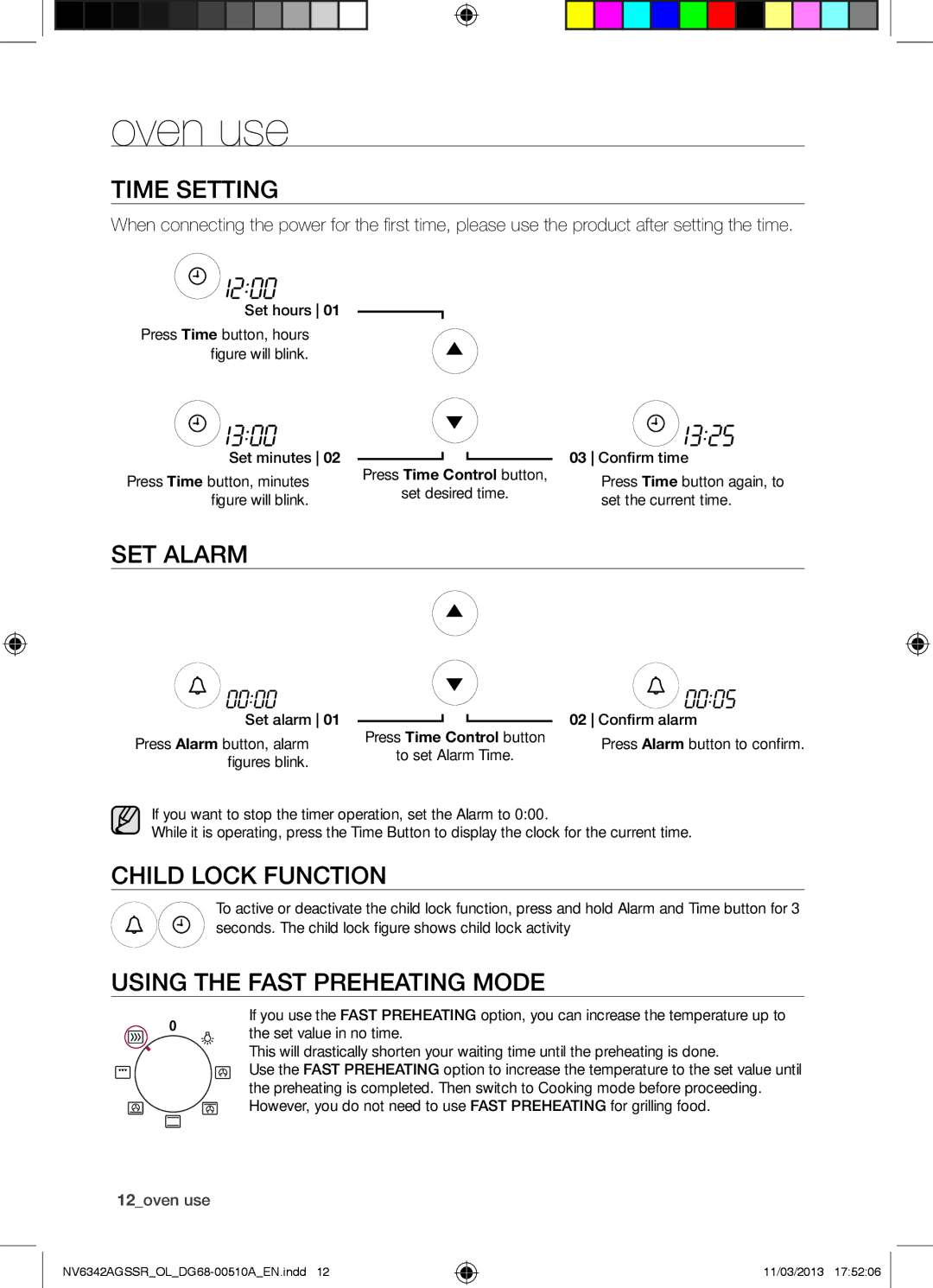 Samsung NV6342AGSSR/OL manual Oven use, Time Setting, SET Alarm, Child Lock Function, Using the Fast Preheating Mode 