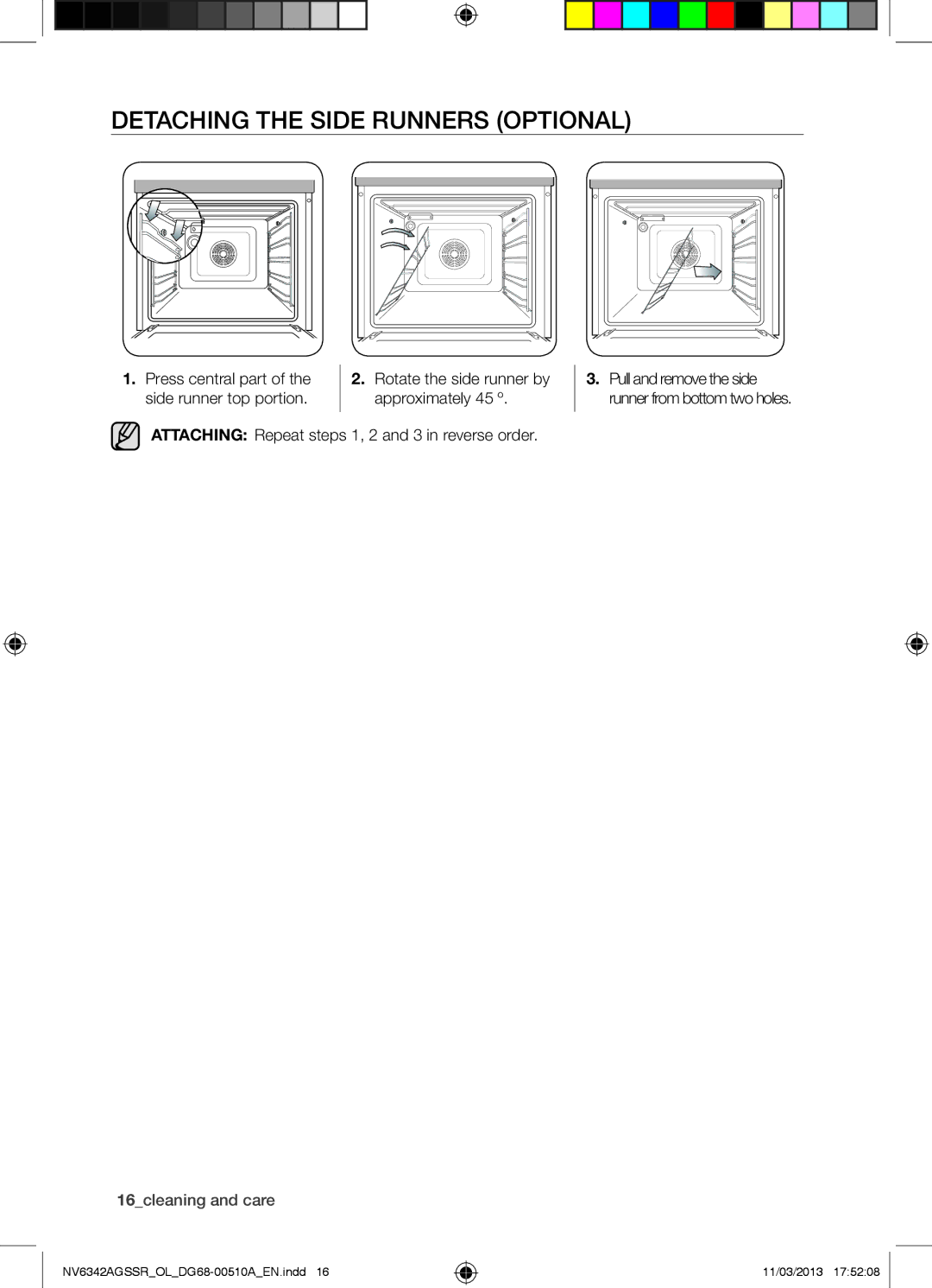 Samsung NV6342AGSSR/OL manual Detaching the Side Runners Optional, Press central part, 16cleaning and care 