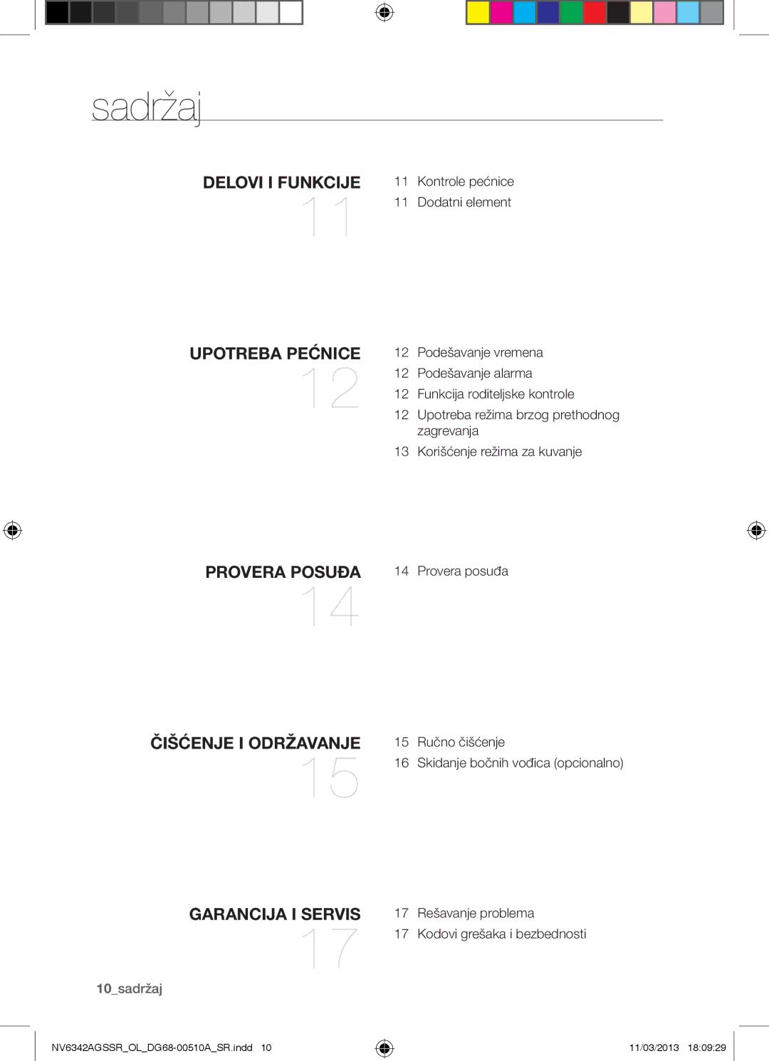 Samsung NV6342AGSSR/OL manual Sadržaj, Kontrole pećnice Dodatni element, 10sadržaj 