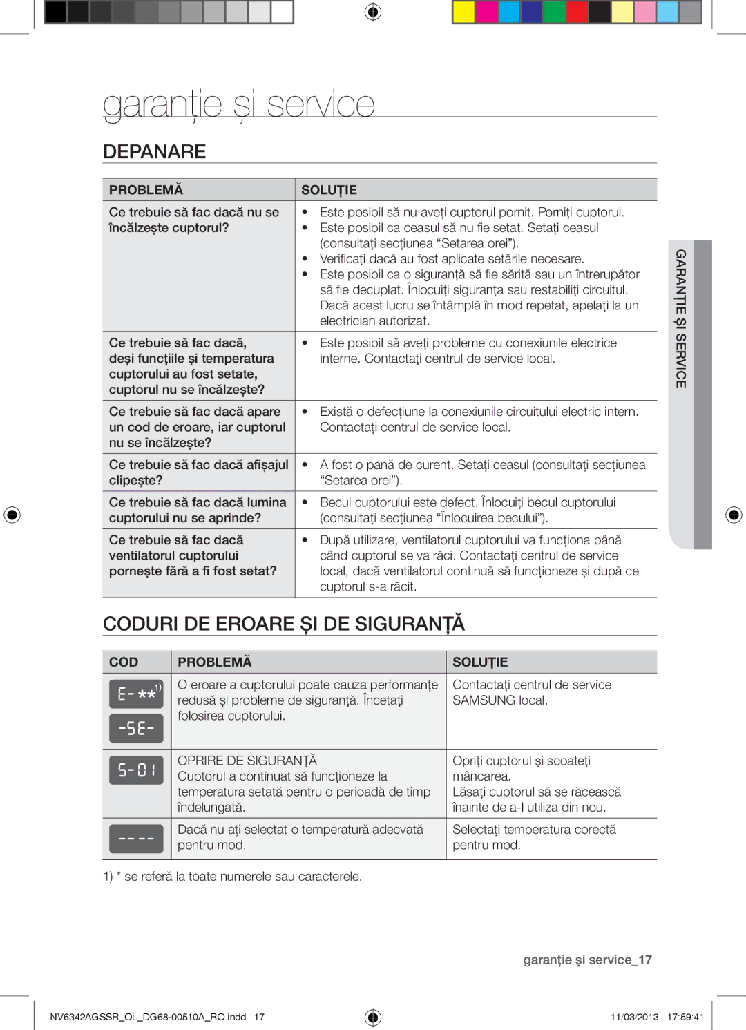 Samsung NV6342AGSSR/OL manual Depanare, Coduri DE Eroare ŞI DE Siguranţă, Garanţie şi service17 