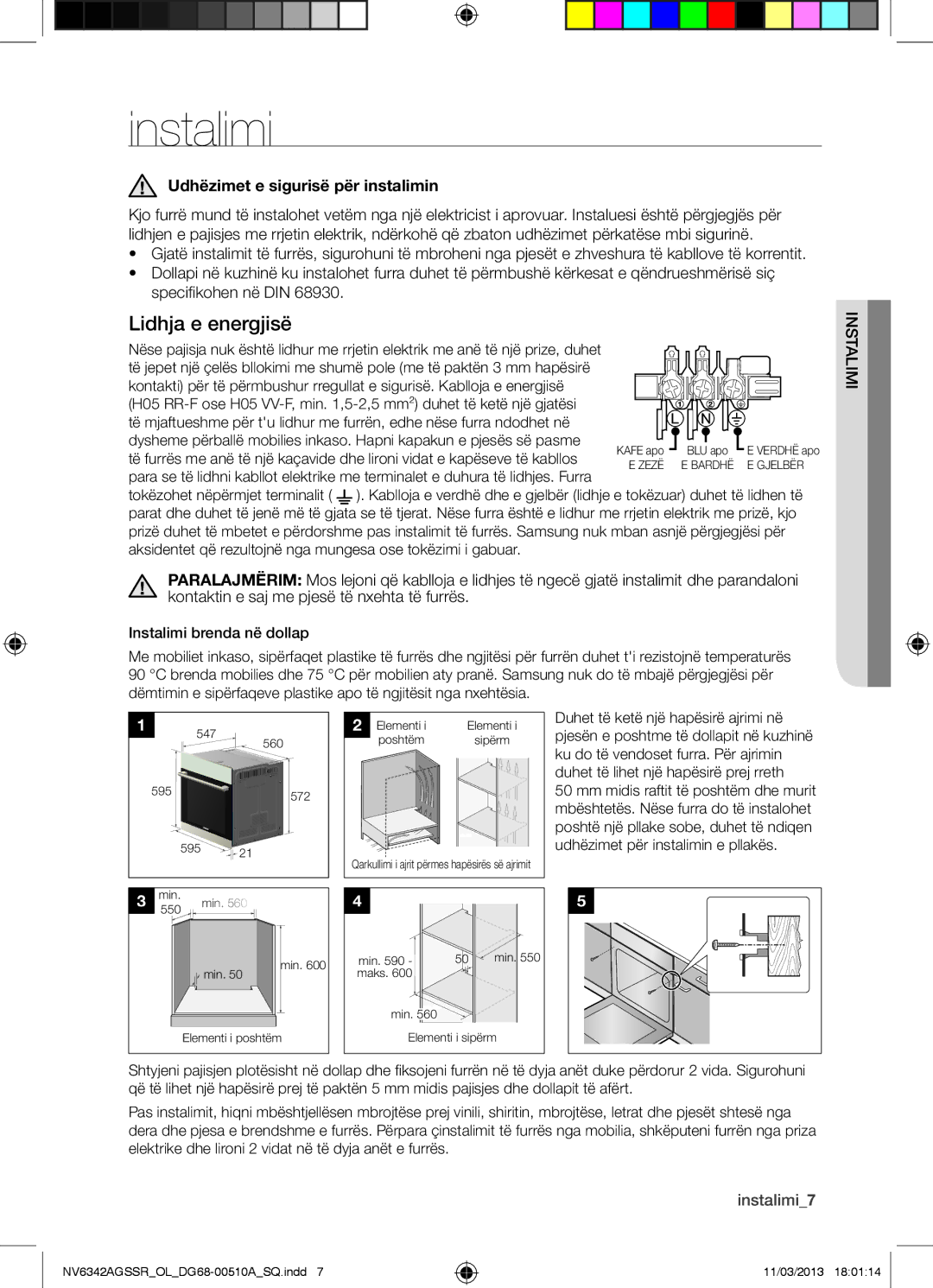 Samsung NV6342AGSSR/OL manual Lidhja e energjisë, Udhëzimet e sigurisë për instalimin, Insimital, Instalimi7 