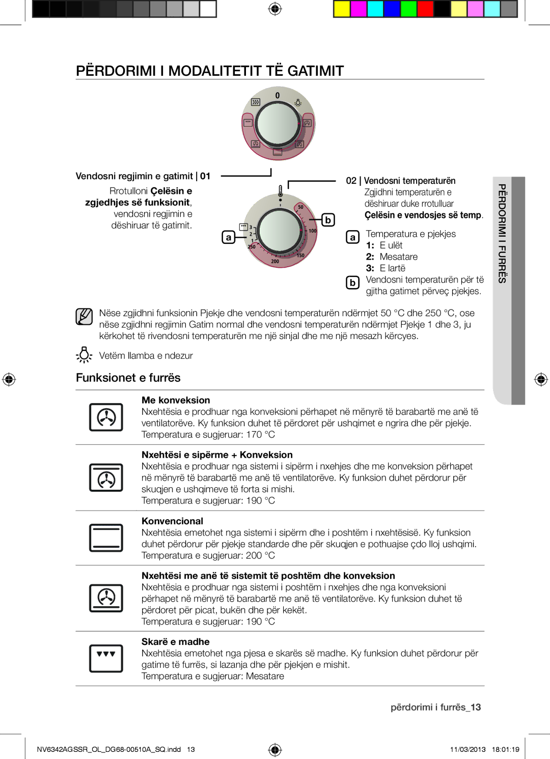 Samsung NV6342AGSSR/OL manual Përdorimi I Modalitetit TË Gatimit, Funksionet e furrës 