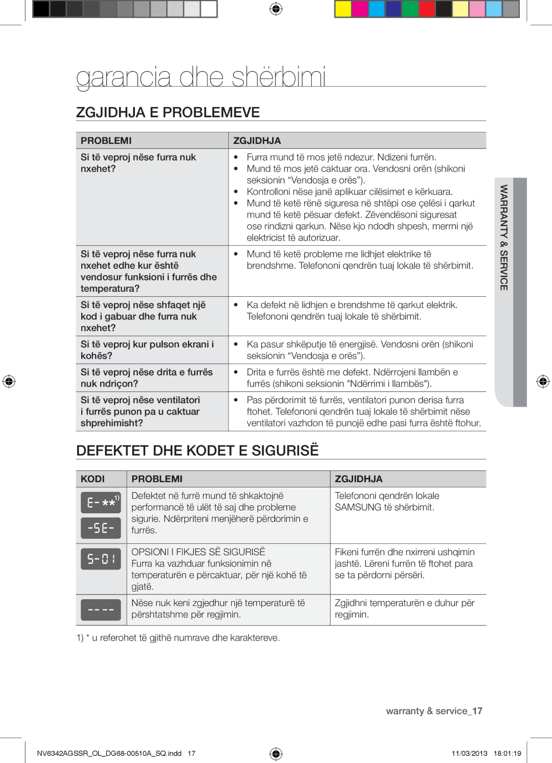 Samsung NV6342AGSSR/OL Garancia dhe shërbimi, Zgjidhja E Problemeve, Defektet DHE Kodet E Sigurisë, Ean icwarrv ser &y 