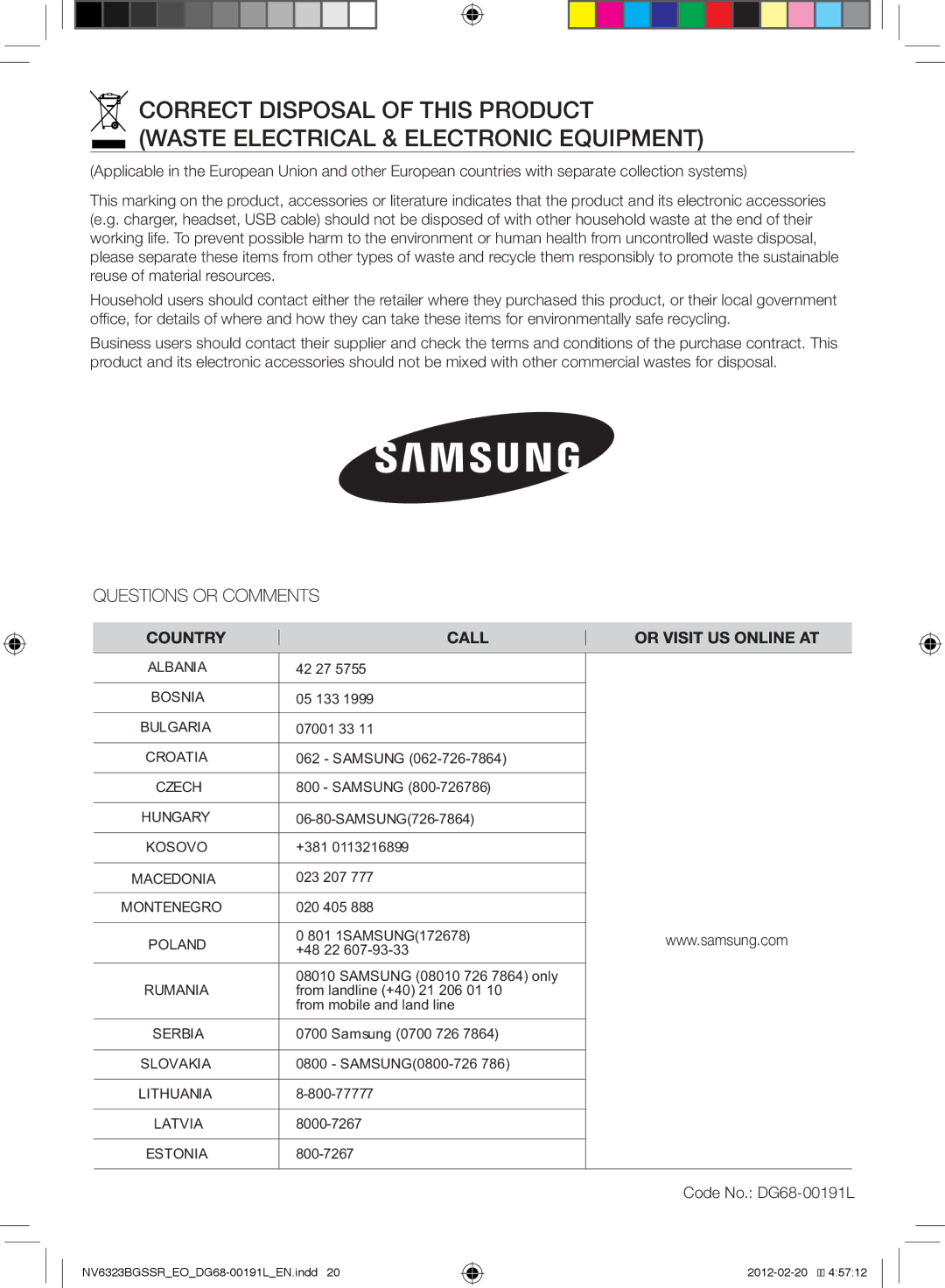 Samsung NV6353BGSSR/EO, NV6323BGSSR/EO manual Code No. DG68-00191L 