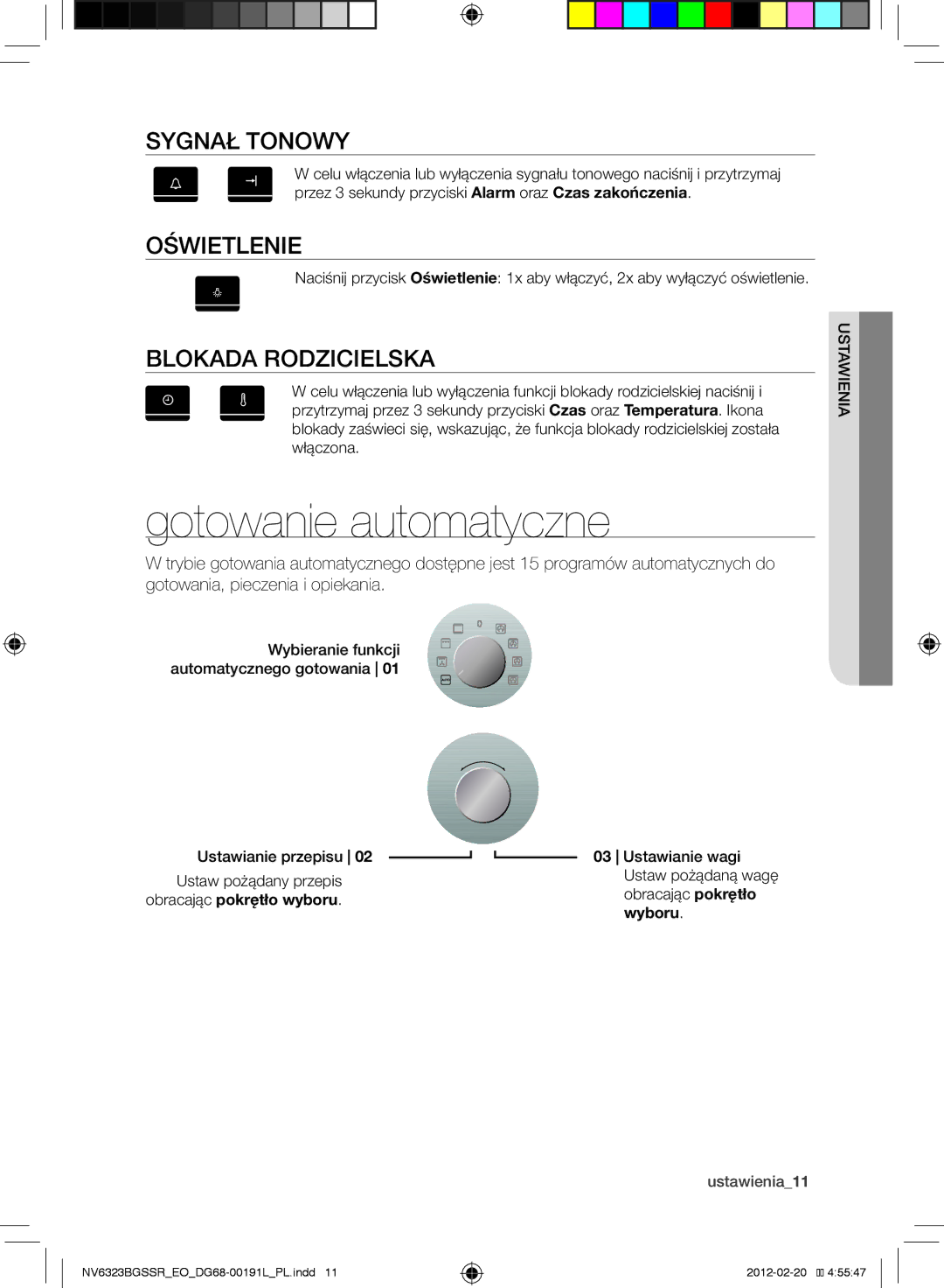 Samsung NV6323BGSSR/EO manual Gotowanie automatyczne, Sygnał tonowy, Oświetlenie, Blokada rodzicielska, Ustawienia11 