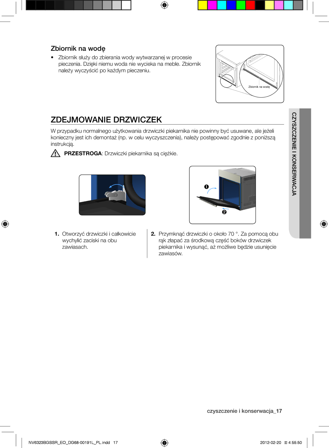 Samsung NV6323BGSSR/EO, NV6353BGSSR/EO manual Zdejmowanie drzwiczek, Zbiornik na wodę, Czyszczenie i konserwacja17 