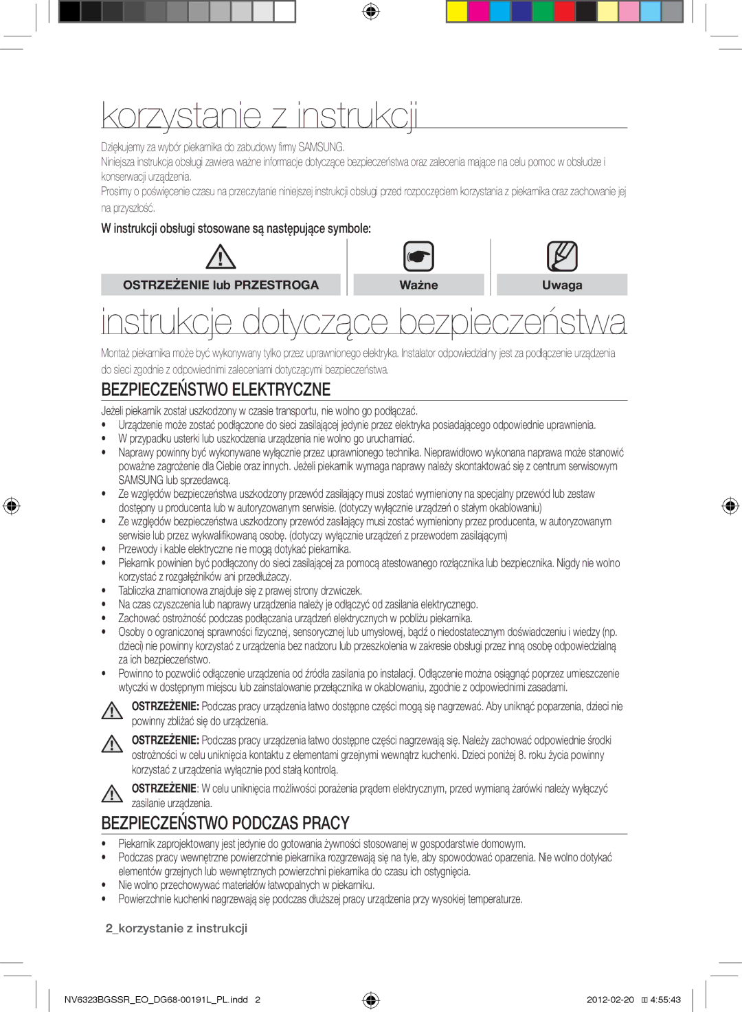 Samsung NV6353BGSSR/EO manual Korzystanie z instrukcji, Instrukcje dotyczące bezpieczeństwa, Bezpieczeństwo elektryczne 