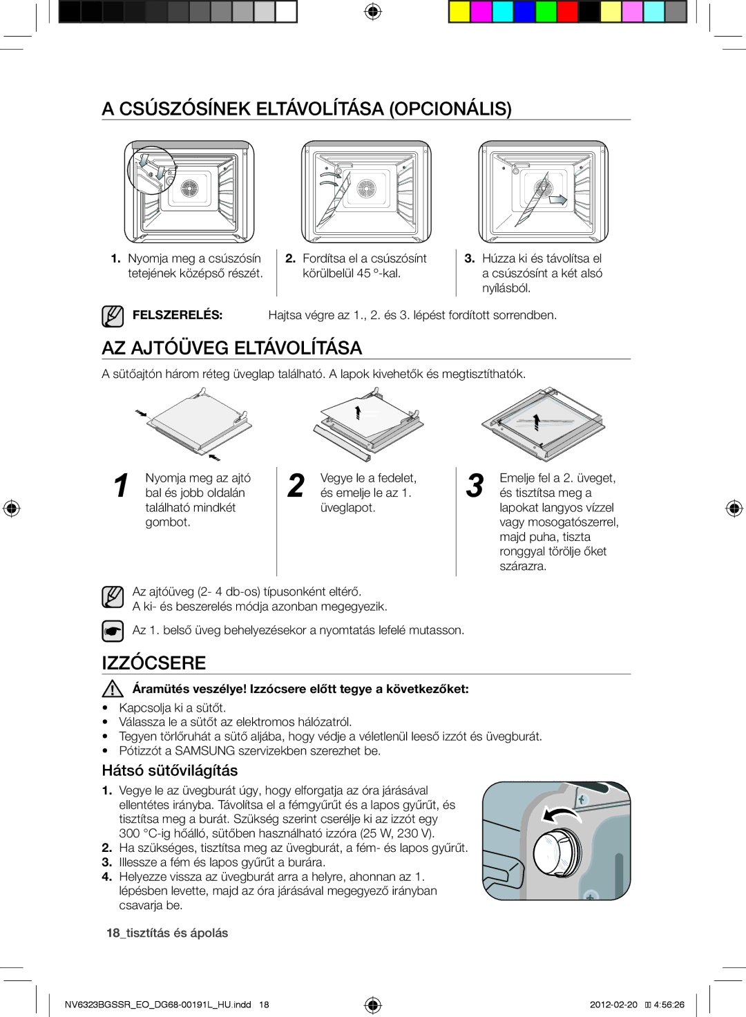 Samsung NV6353BGSSR/EO manual Csúszósínek eltávolítása opcionális, Az ajtóüveg eltávolítása, Izzócsere, Hátsó sütővilágítás 