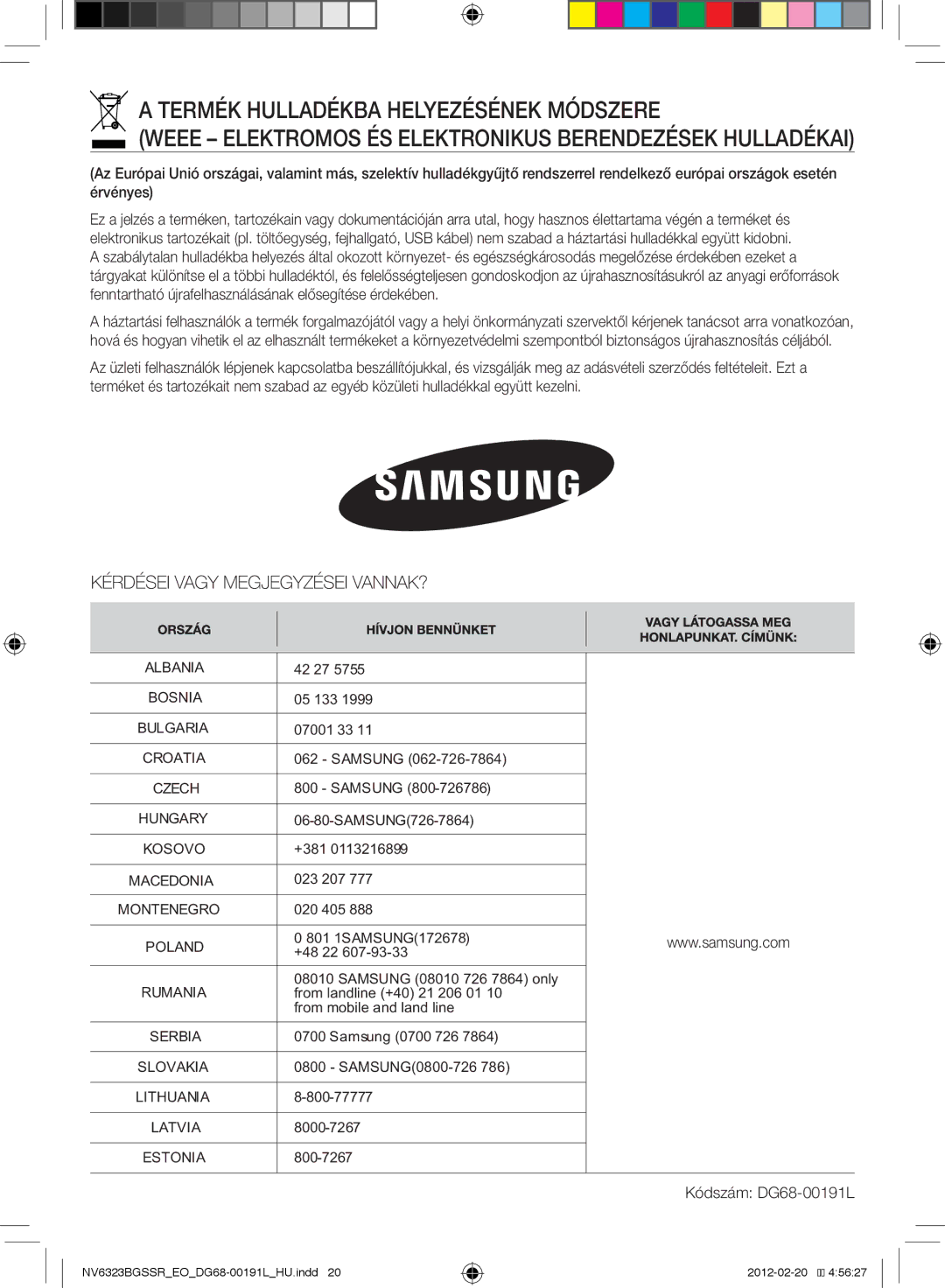 Samsung NV6353BGSSR/EO, NV6323BGSSR/EO manual Kódszám DG68-00191L 