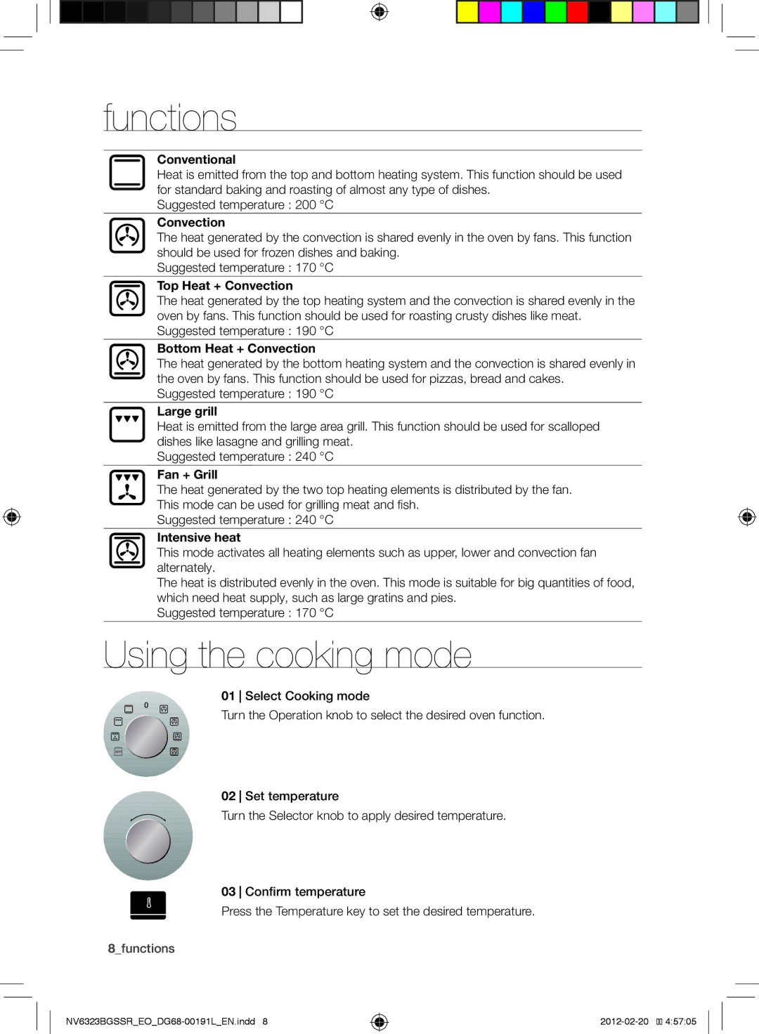 Samsung NV6353BGSSR/EO, NV6323BGSSR/EO manual Functions, Using the cooking mode 