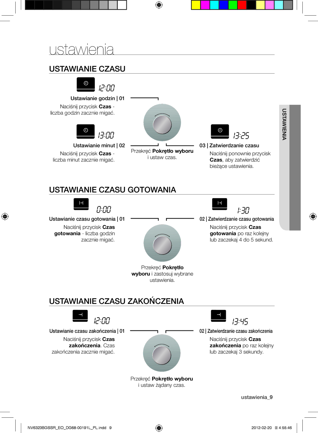 Samsung NV6323BGSSR/EO, NV6353BGSSR/EO manual Ustawienia, Ustawianie czasu gotowania, Ustawianie czasu zakończenia 