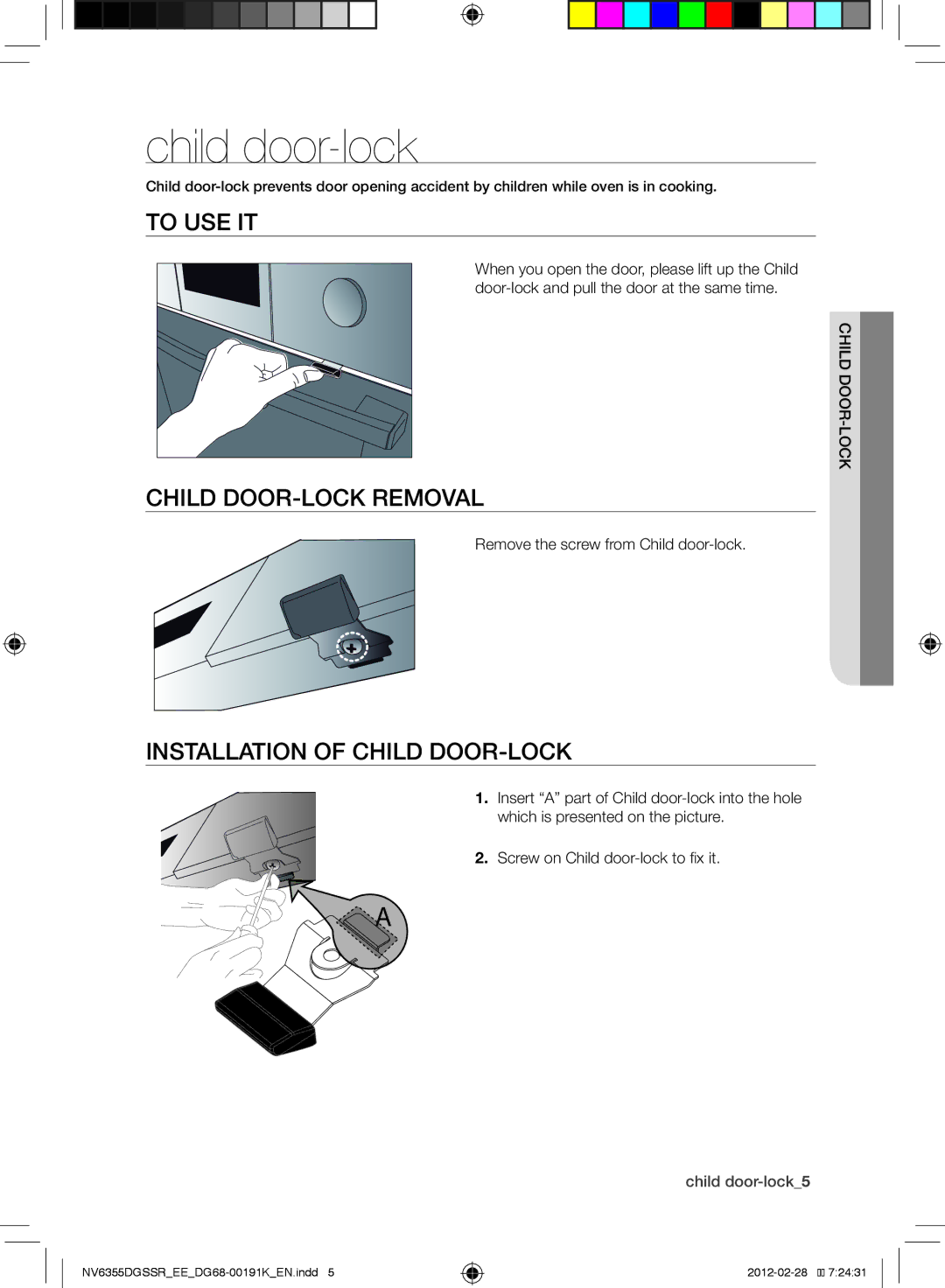 Samsung NV6355EGSBD/EE manual To use it, Child door-lock removal, Installation of child door-lock, Child door-lock5 