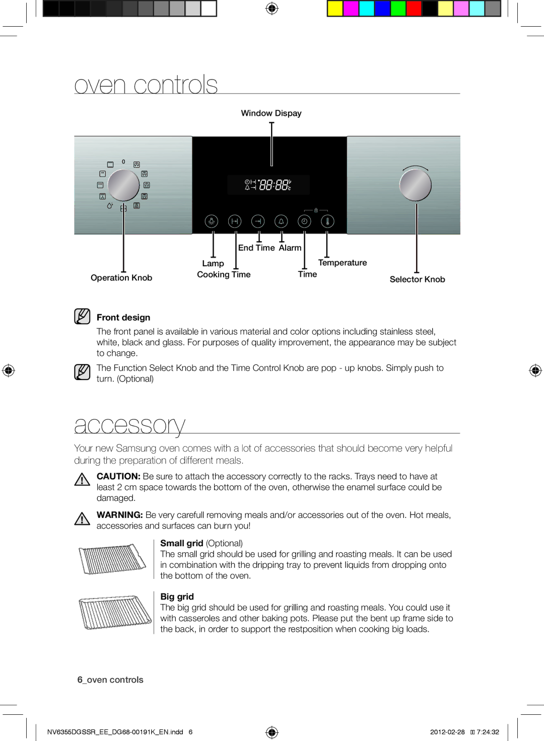 Samsung NV6355DGSSR/EE, NV6355EGS1W/EE manual Oven controls, Accessory, Front design, Small grid Optional, Big grid 