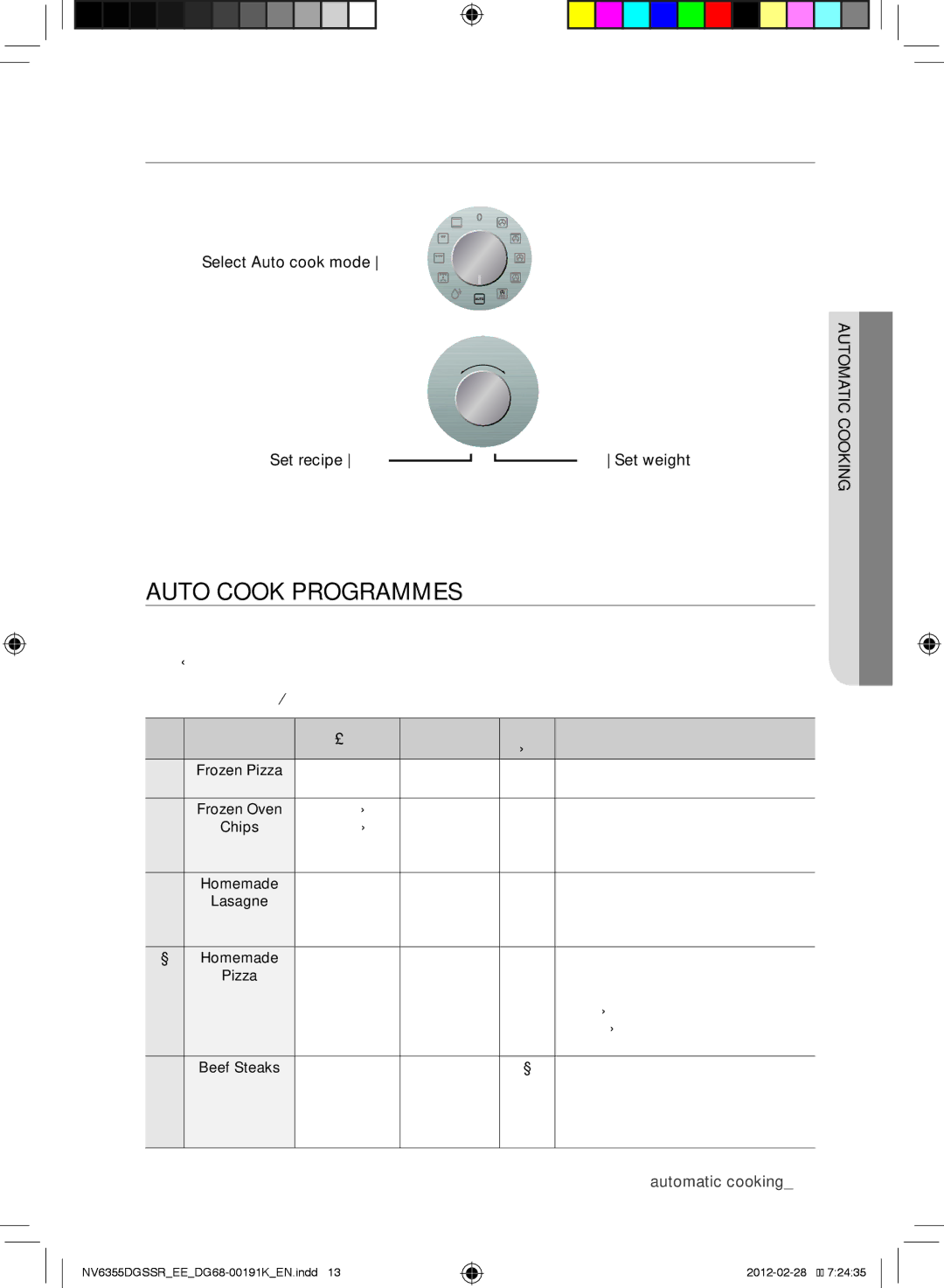 Samsung NV6355EGS1W/EE, NV6355DGSSR/EE, NV6355EGSBD/EE Auto cook programmes, Turning Selector knob, Automatic cooking13 