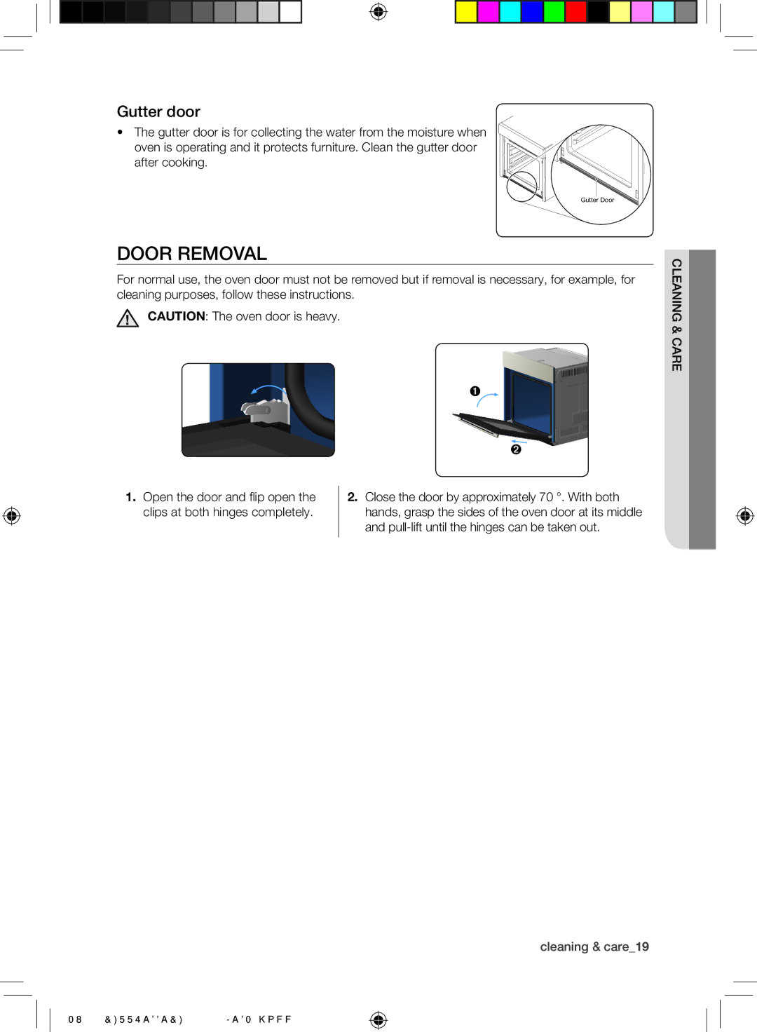 Samsung NV6355EGS1W/EE, NV6355DGSSR/EE, NV6355EGSBD/EE manual Door removal, Gutter door, Cleaning & care19 