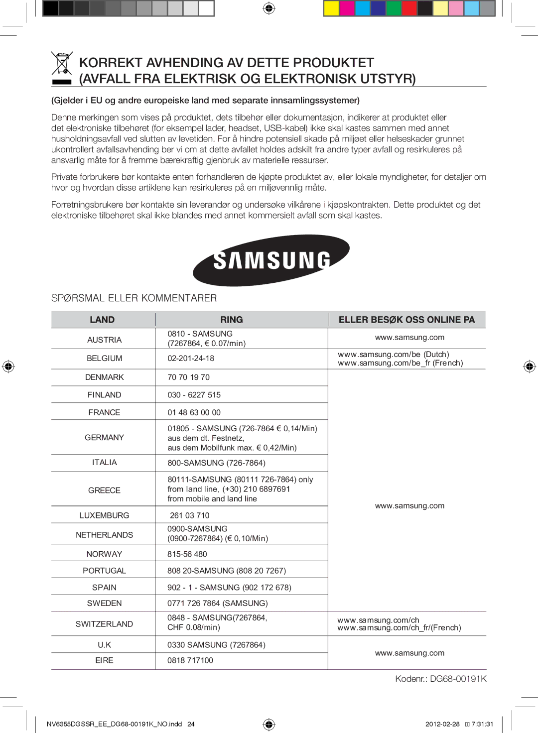 Samsung NV6355DGSSR/EE, NV6355EGS1W/EE, NV6355EGSBD/EE manual Kodenr. DG68-00191K 