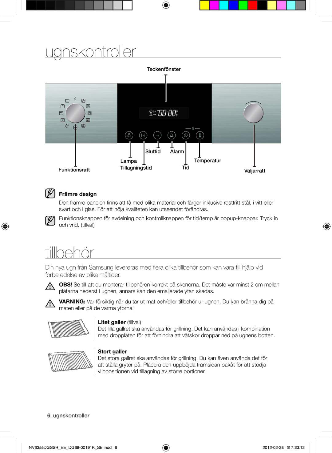 Samsung NV6355DGSSR/EE, NV6355EGS1W/EE manual Ugnskontroller, Tillbehör, Främre design, Litet galler tillval, Stort galler 