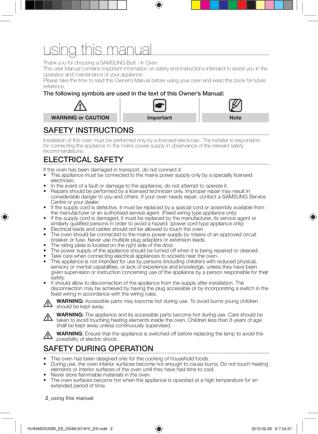 Samsung NV6355EGSBD/EE, NV6355DGSSR/EE Using this manual, Safety instructions, Electrical safety, Safety during operation 